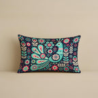 STITCHNEST Folk Art Satin Cushion Covers Peacock & Botanical Motif, 12x18 Inches, Decorative Set for Living Room (Pack of 2)