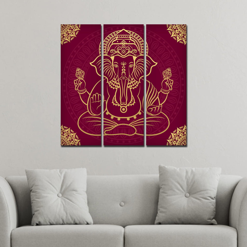 VIBECRAFTS Shree Ganesh Ji 3 Pieces Canvas Wall Painting Fitted With Wooden Frame For Home | Office | Living Room | Gifts (PTVC3Pcs1_9561)