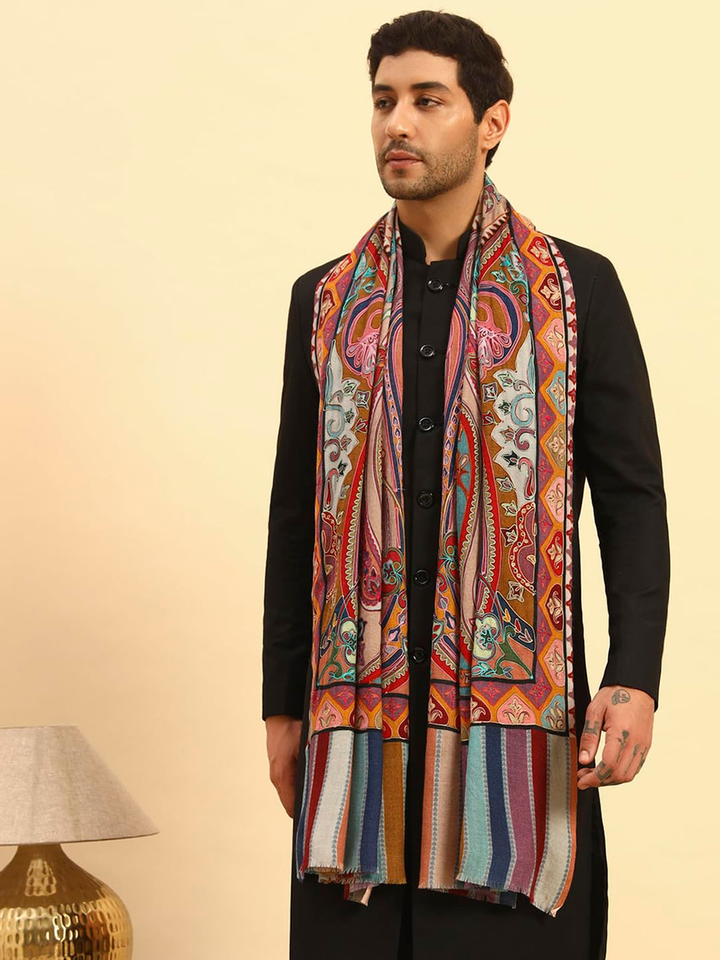 Pashmoda Men Rangdil 100% Pure Wool Fabric Kalamkari Embroidered Stole (Size-28x80in, 71x203cm) MKAST02