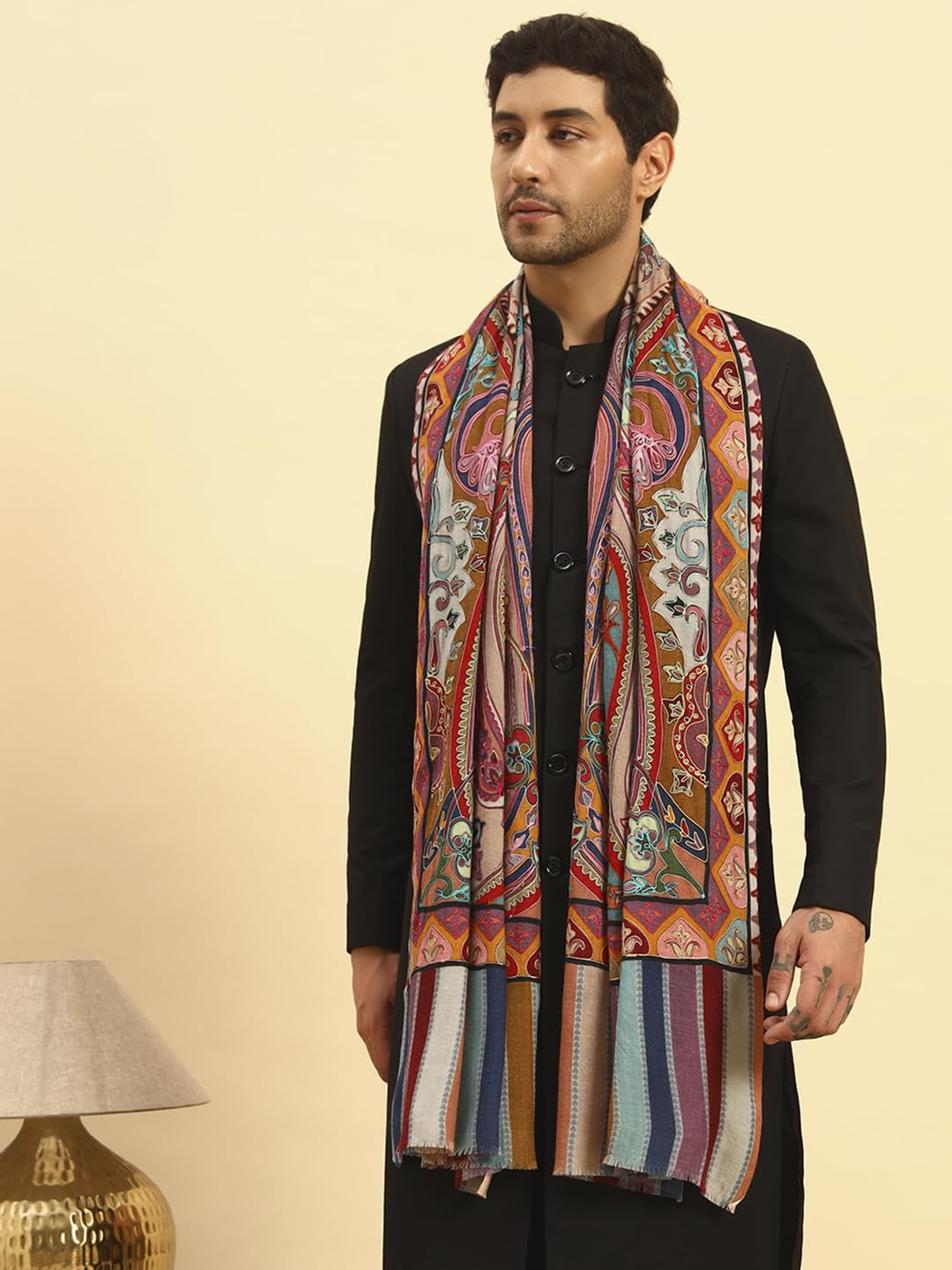 Pashmoda Men Rangdil 100% Pure Wool Fabric Kalamkari Embroidered Stole (Size-28x80in, 71x203cm) MKAST02