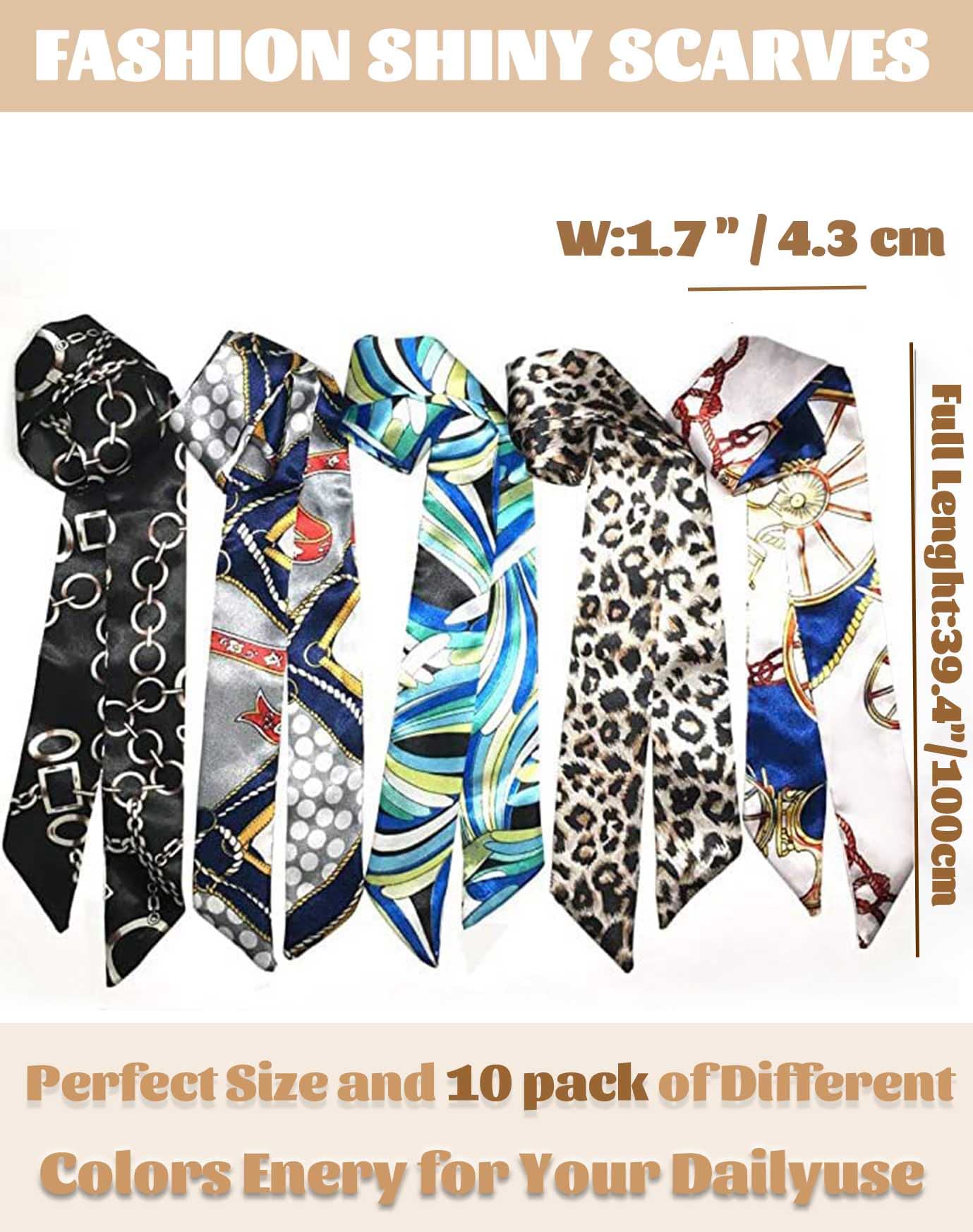 kcctoo 2/6/10Pack Scarf Bags for Women Handbag Scarfs Band Hair Neck Scarves Fashion Gifts, Blue Multi Color - 10pcs, 4*100cm