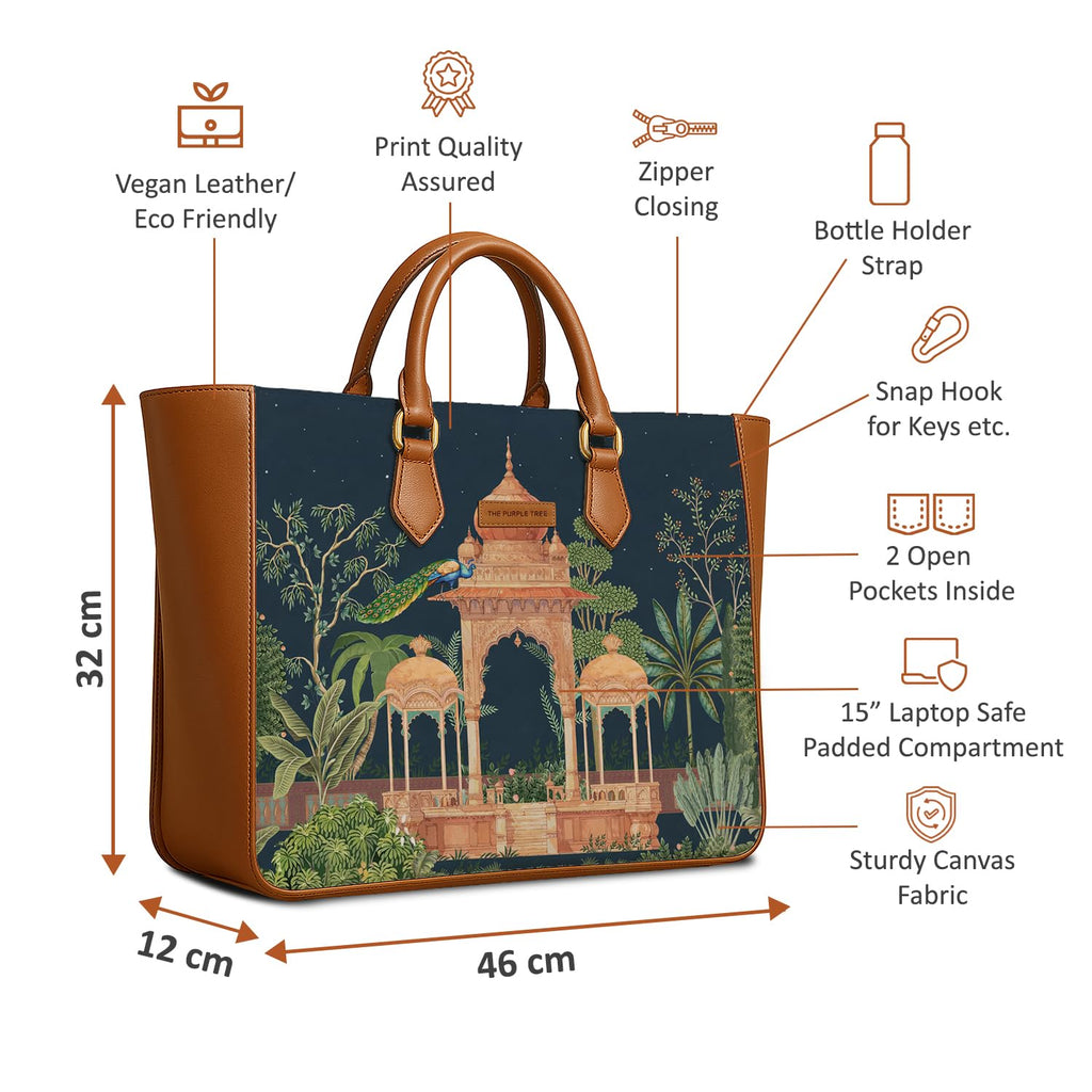 The Purple Tree Women's Office Essential Bag | Vegan Leather Handbag with Laptop Compartment | Spacious Office Bag | Designer Work Tote for Travel, College & Daily Use (Midnight Royal Garden)