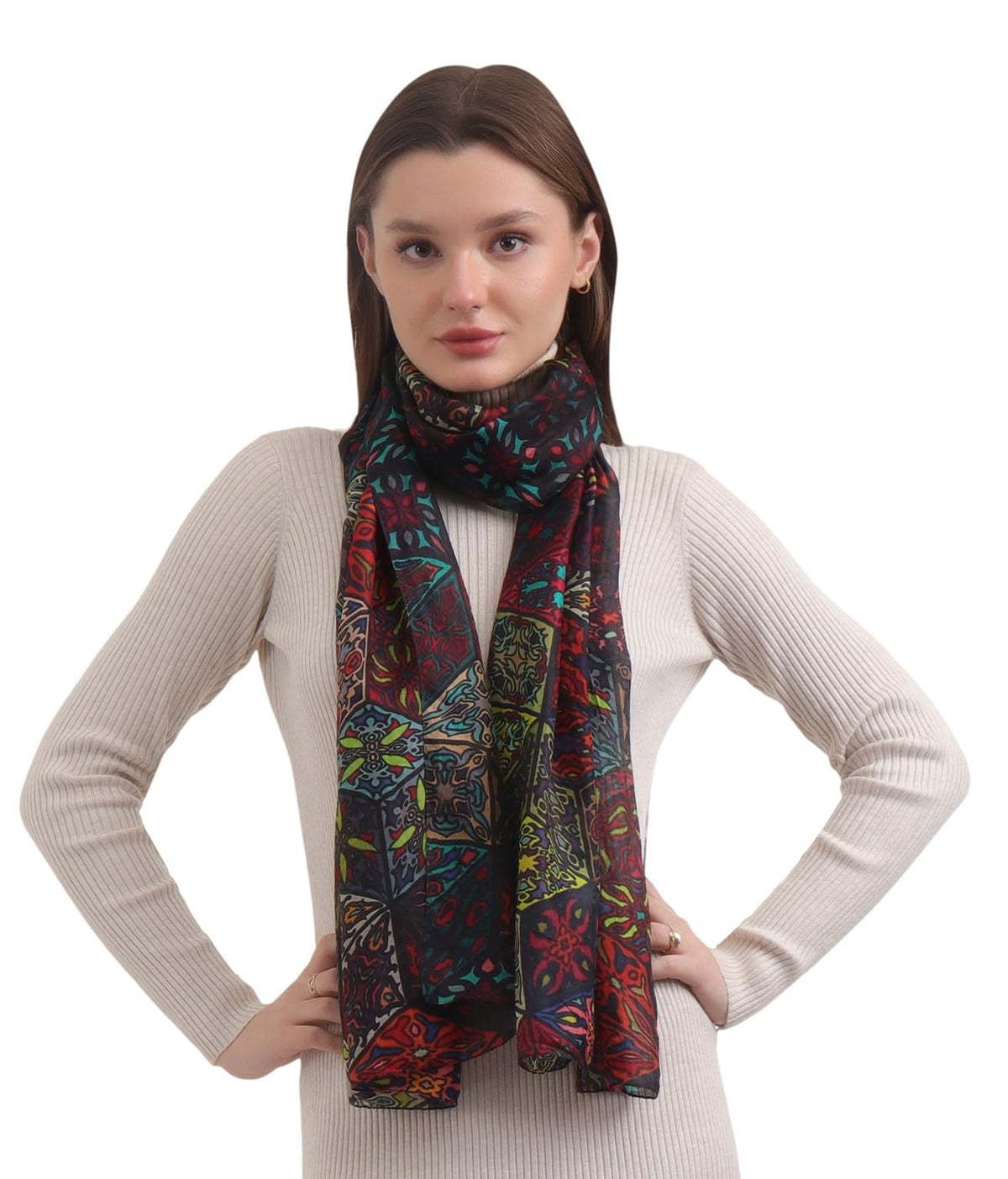 EH 100% Pure Mulberry Silk Scarf for Women, head scarf, neck scarf, hair scarf, digital printed long (22 X 72) (MC 9)