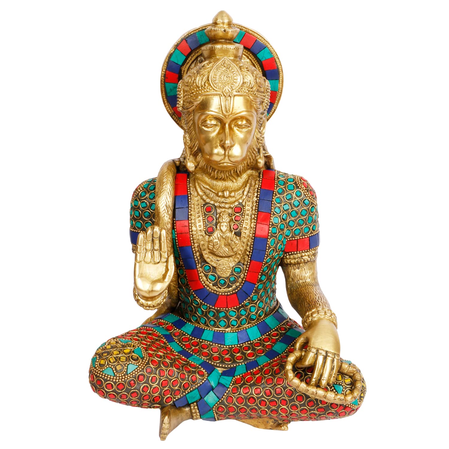 ARTVARKO Big Brass Lord Hanuman Ji Blessing Multicolor Stone Handwork Murti Bajrangbali Bhagwan Statue Height 11