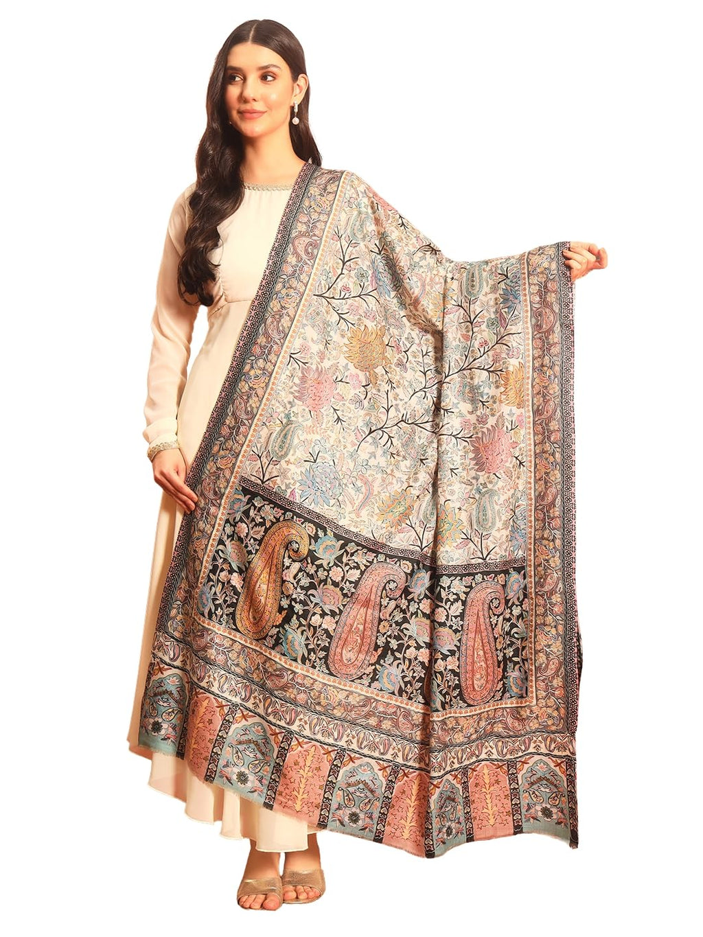Pashmoda Women Guldasta Fine Wool Fabric Pashmina Kalamkari Embroidered Shawl (Size: 40x80in, 101x203cm) KAS13