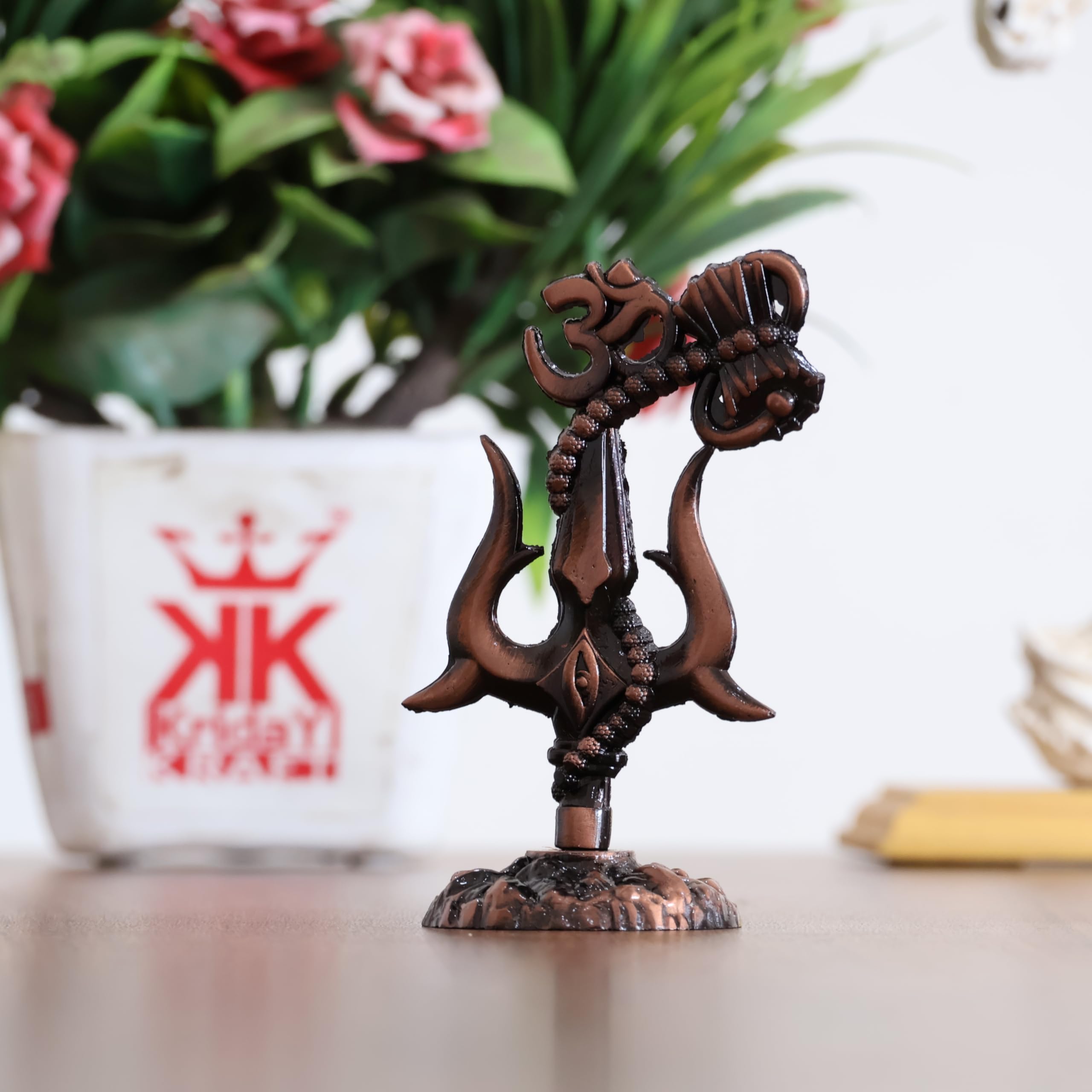 KridayKraft Metal Shivshakti Om Trishul Damru Rudaksha Mala Idol Symbol Statue. (Copper Antique Finish)