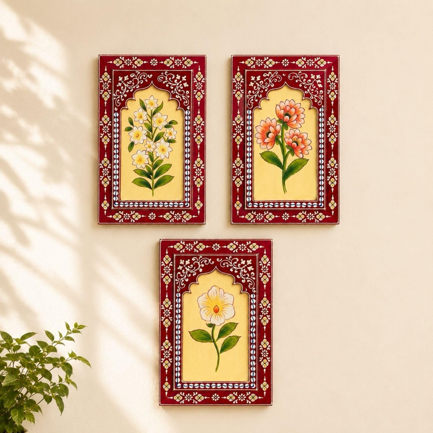 ATRANGI STUDIO Ruby Bloom Wooden Wall Frame (Pack of 3) | Handpainted Jharokha Style Floral Wall Hanging | Rajasthani Traditional Art | Framed Wall Painting for Living room, Bedroom, Office | 12×8 Inch
