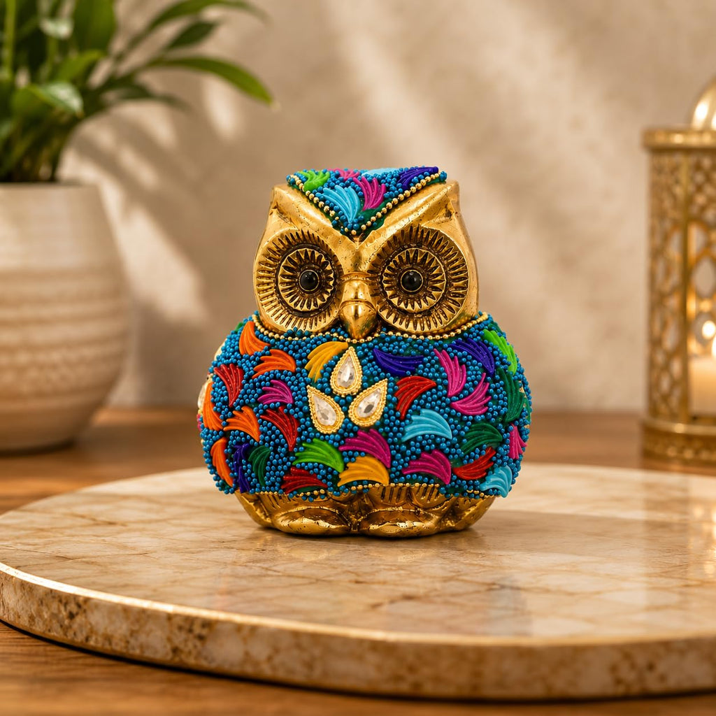 KridayKraft Metal Owl Showpiece, 10 cm Golden Aluminium Owl Statue with Stone Work, Decorative Paperweight for Home, Office Desk, Study Table & Gifting