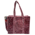 The House of RajPadmini Floral Quilted Cotton Shopping Tote Bag, 16x16 inches, Striped Trim, External Bottle Pocket (Shaded Maroon)