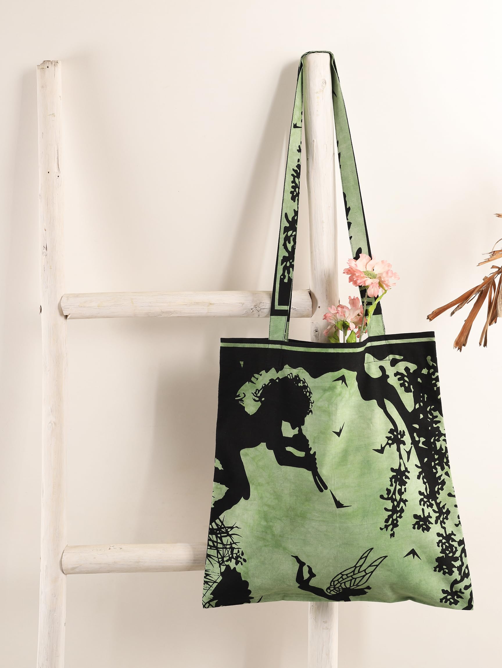 Ravaiyaa - Attitude is everything Cotton Shoulder Bag/Tote Bag For Women| Printed Multipurpose Handbag With Top Zip | Best For Shopping, Travel, Work, Beach, Office, College (Green Fairy Land)