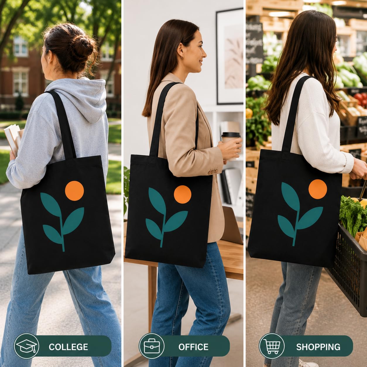 Craftwood Black Canvas Tote Bag, Casual Shoulder Bag for Daily Use, Large Canvas Tote Bag for Women, Tote Handbags for Women with Zipper & Inner Pocket for College, Shopping, Office (Black Leaf)