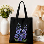 Adorvue New Launch Black Canvas Tote Bag for Women with Purple Wildflower Print | Premium Cotton Reusable Shopping Shoulder Bag | Floral Eco-Friendly Tote for College, Office, Travel & Daily Use