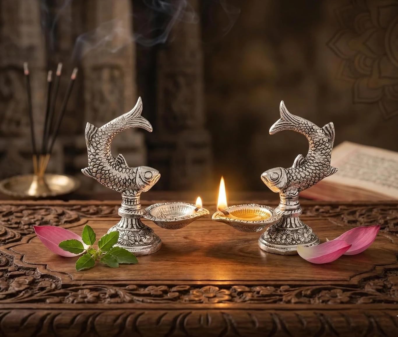 KridayKraft Fish Shaped Diya Set of 2 pcs – Traditional Diya for Puja & Home Decor Aluminium (Pack of 2)