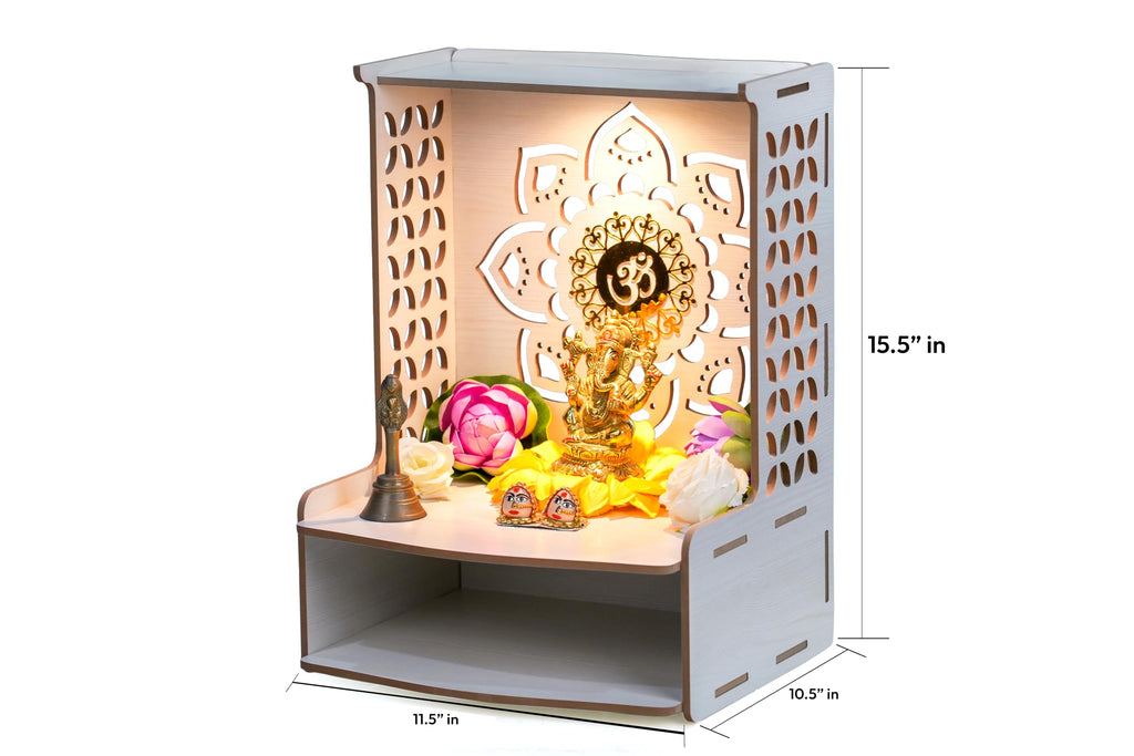 PIXELCRAFTS Folding Wooden Finish Wall Mount Temple/mandir for Office and Home (H 15.5X L 11.5X B 10.5) White (White 2)