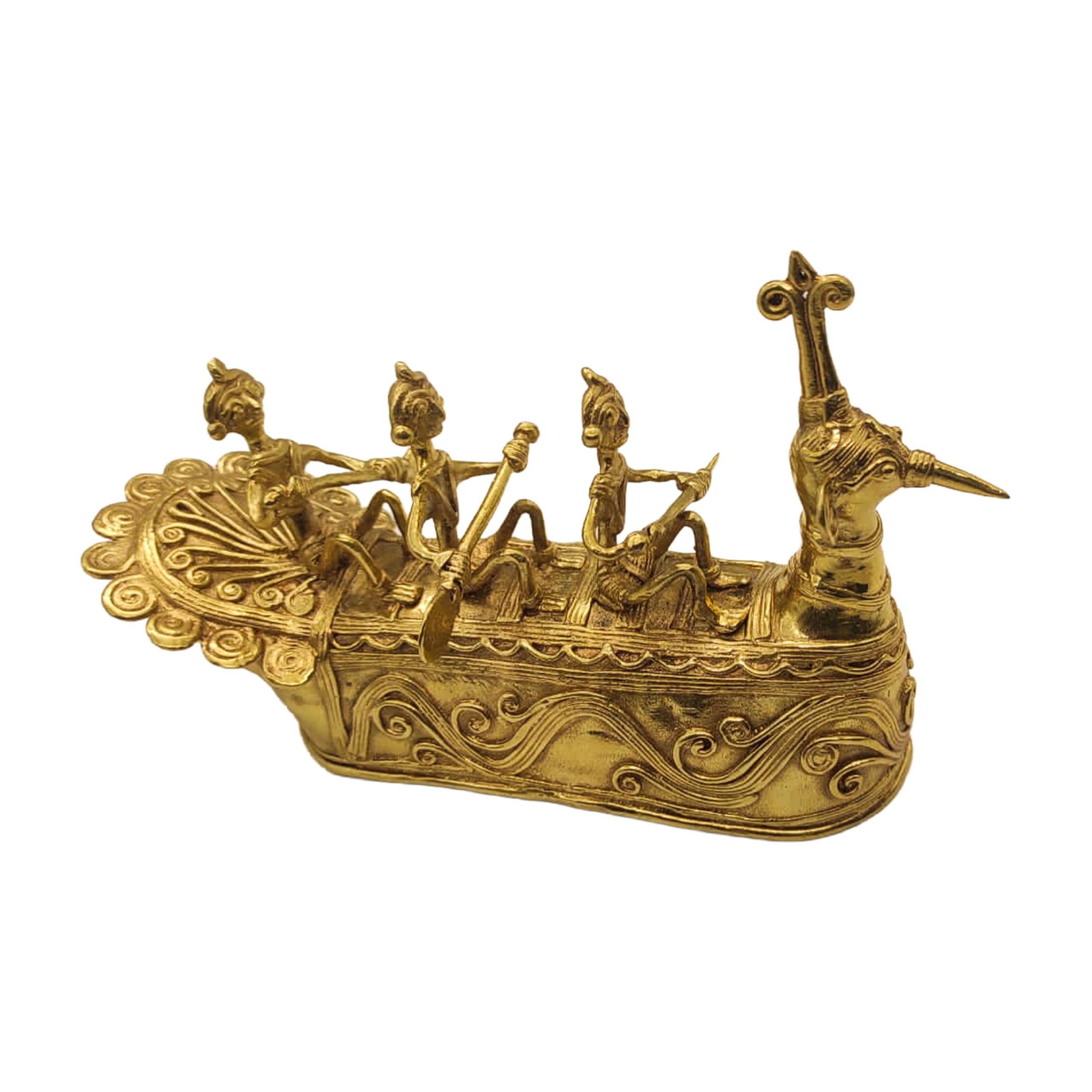 Glaxy Exports GI Certified Bengal Dokra, Bell Metal Traditional Handcrafted Peacock Boat Showpiece, Golden, Home Decor, Table Top, 20.3 x 8.3 x 12.7 cm