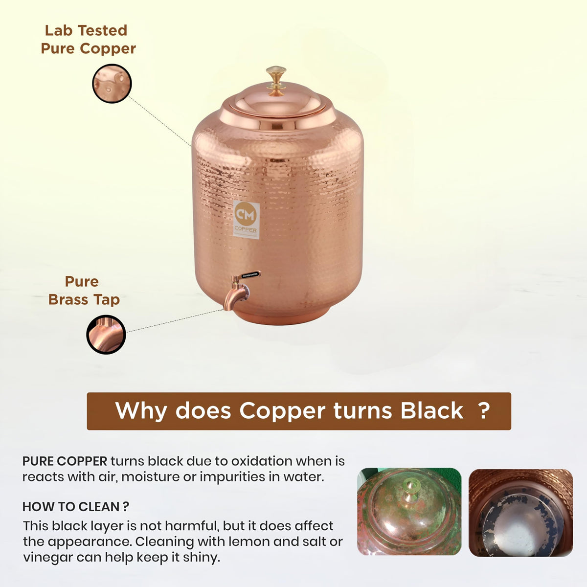 Copper-Master 8 Litre Hammered Copper Water Dispenser (Matka) Container Pot with Pure Copper and Ayurvedic Health Benefits (8000 ml)