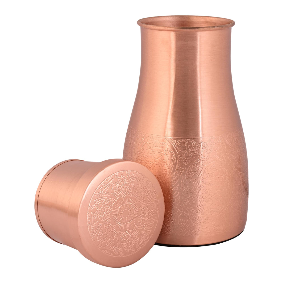 Tambra Copper Bedroom Jar with Inbuilt Glass | Carving Design | Handcrafted, Leakproof, Jointless | Ayurvedic Benefits, Antioxidant Properties | 1200 ml (Pack of 1)
