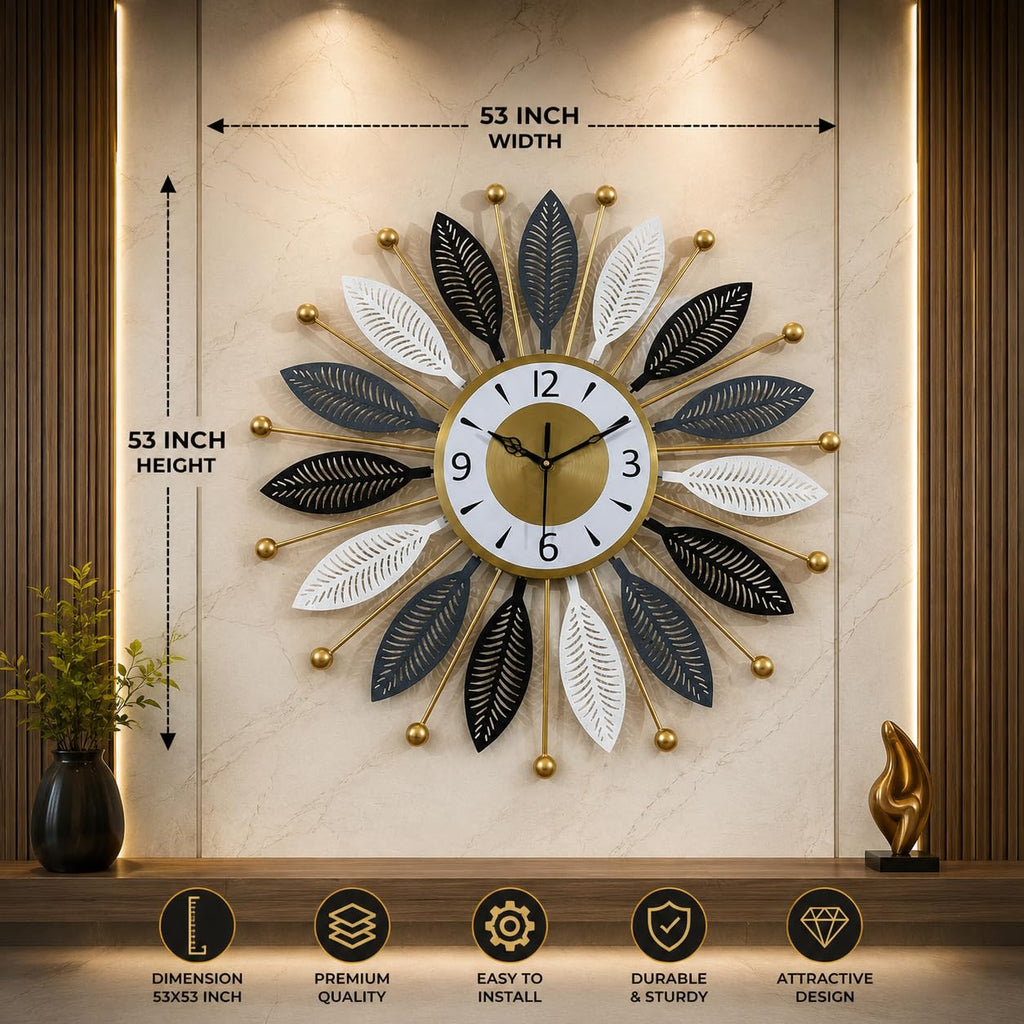 Mahira Artefacts Premium 3D Metal Leaf Art Wall Clock - Elegant Silent Non-Ticking Decorative Clock for Home & Gift