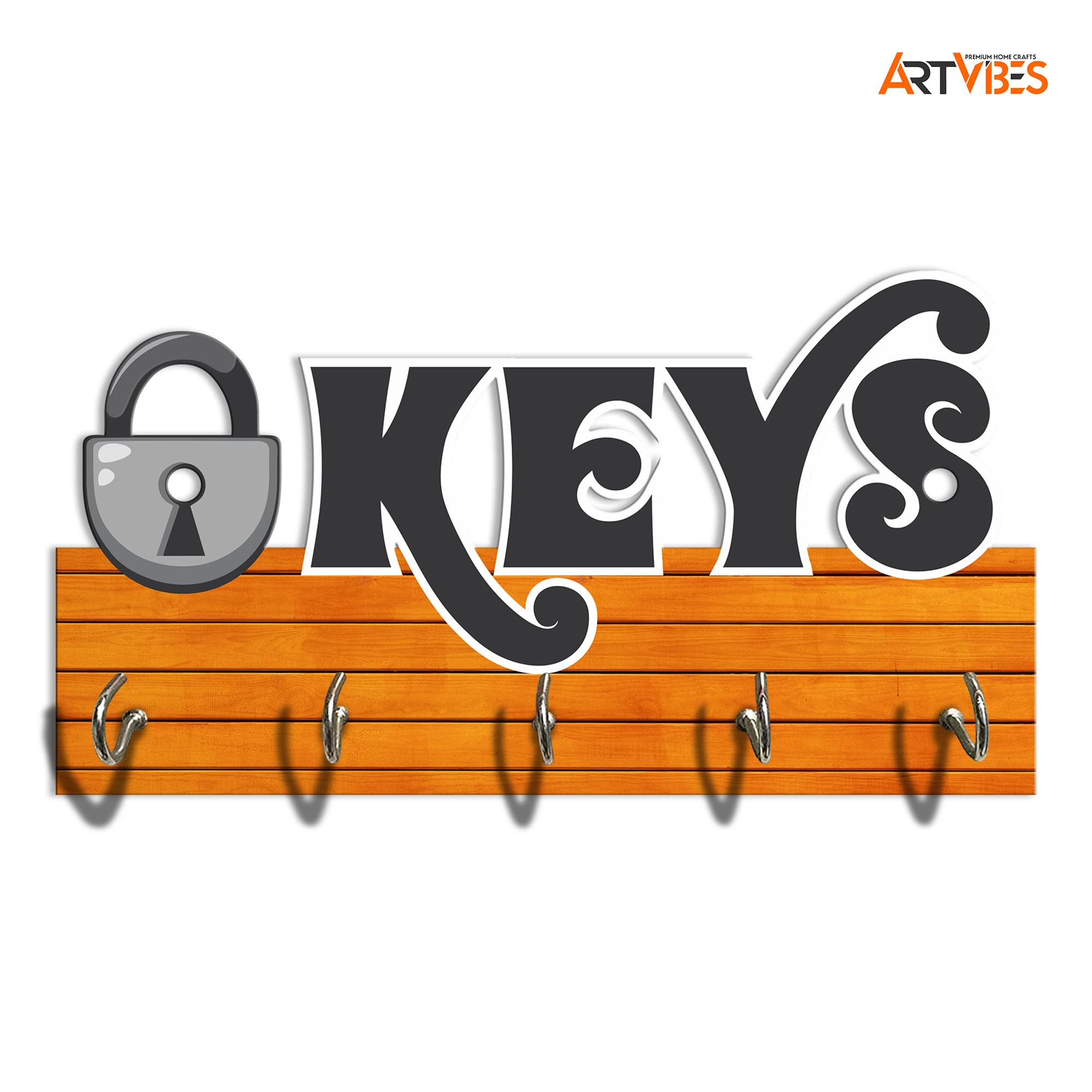 Artvibes Unique Stylish Wooden Key Holder for Wall Decor with Stylish Stainless Steel 5 Hooks Beautiful Key Organizer for Home Decoration(KH_811), Brown