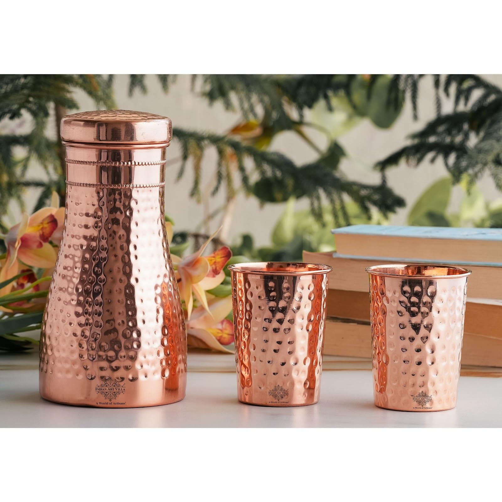 INDIAN ART VILLA Pure Copper Drinkware Gift Set – Hammered Design, Bedroom Bottle (900 ML) & 2 Glasses (275 ML) Set, Tableware, Perfect for Daily Use, Home, Office and Special Occasion Gifting