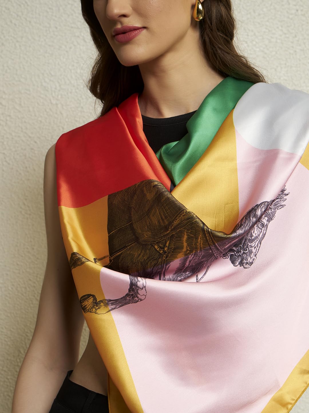 Ravaiyaa - Attitude is everything Women Silk Digital Print Large Square Scarf Breathable Lightweight Neckerchief Printed Headscarf 40 x 40 Inch (Yellow Multicolor Horse Sketch)