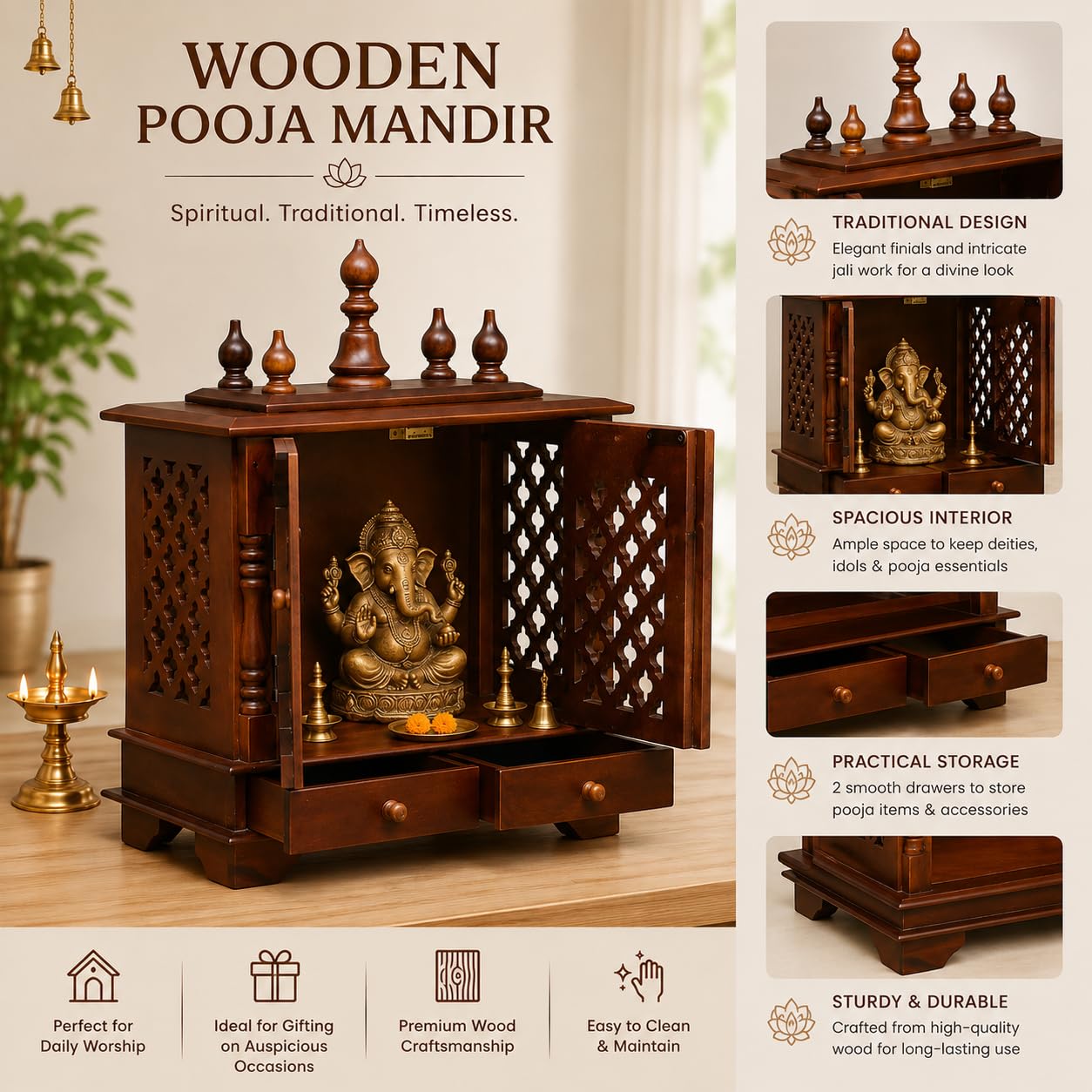 Kamdhenu Art and Craft Wooden Temple/Home Temple/Pooja Mandir/Pooja Mandap/Temple for Home(Jna),52 cm,45 Cm