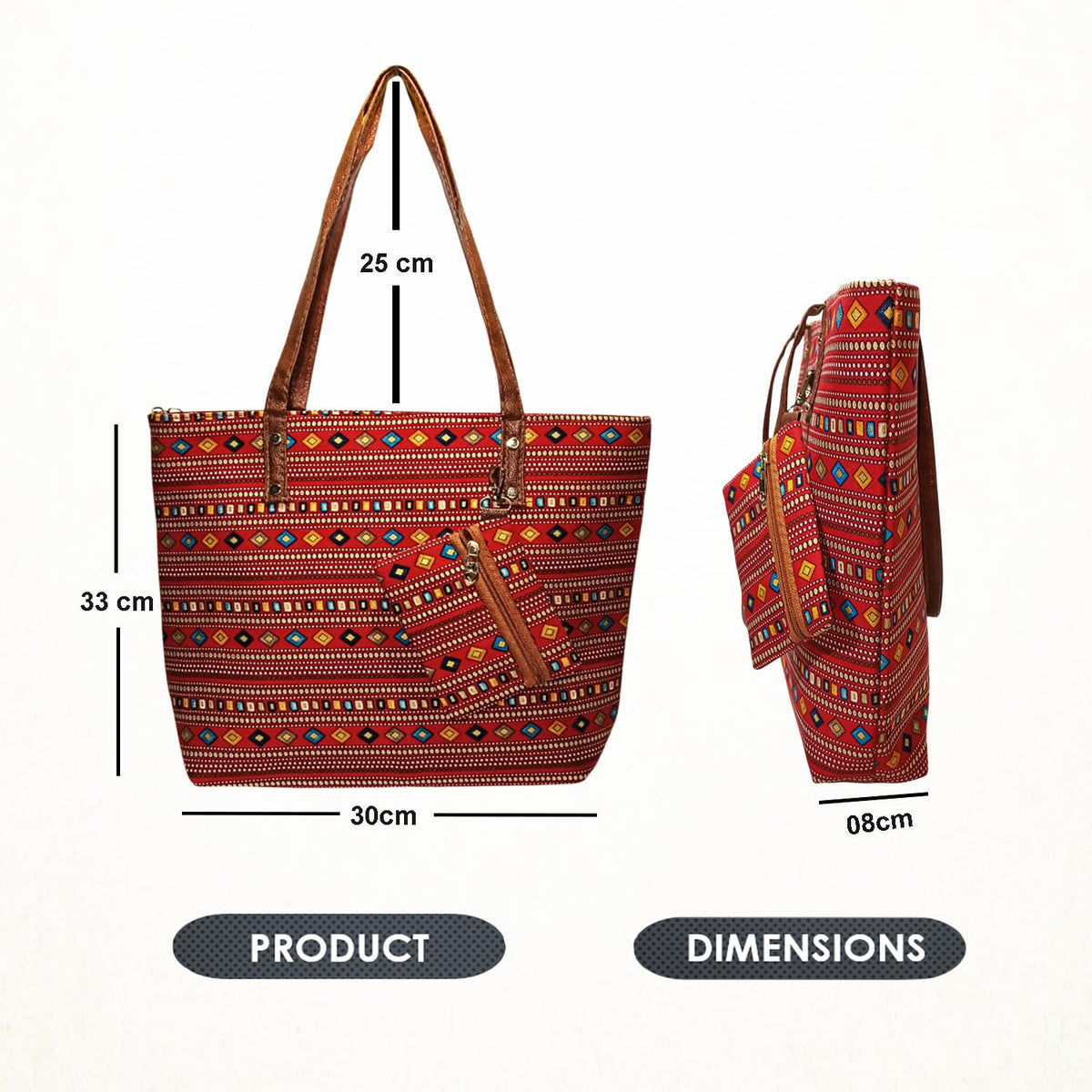 STYLE BA Women's Tote Bag With Leather Handles & Embroidery Printed Handbag With Zip Pockets, Shoulder Tote Bag And Handbag (Maroon)