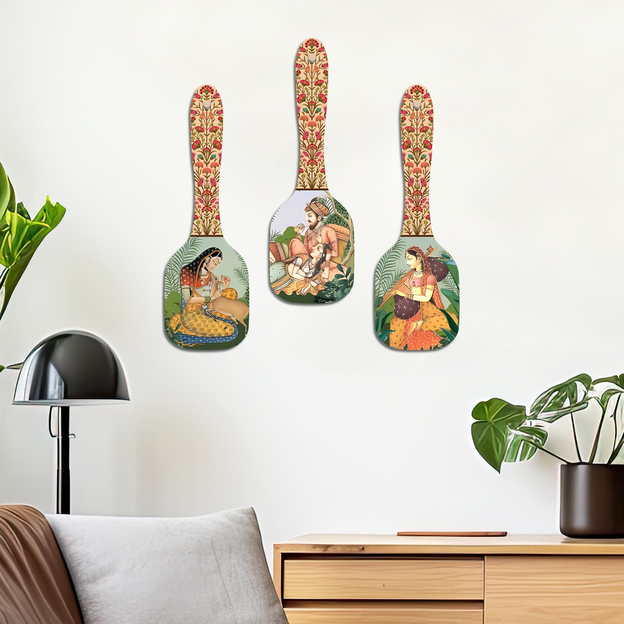 Artvibes Royal Mural Art Spatula Shape Decor Wall Hanging | Mughal Art Decor Items | Wall Accent | Gift Items | Aesthetic Wooden Decor | Ethnic Wall Decor | Art Print(WH_11002N), Set of 3