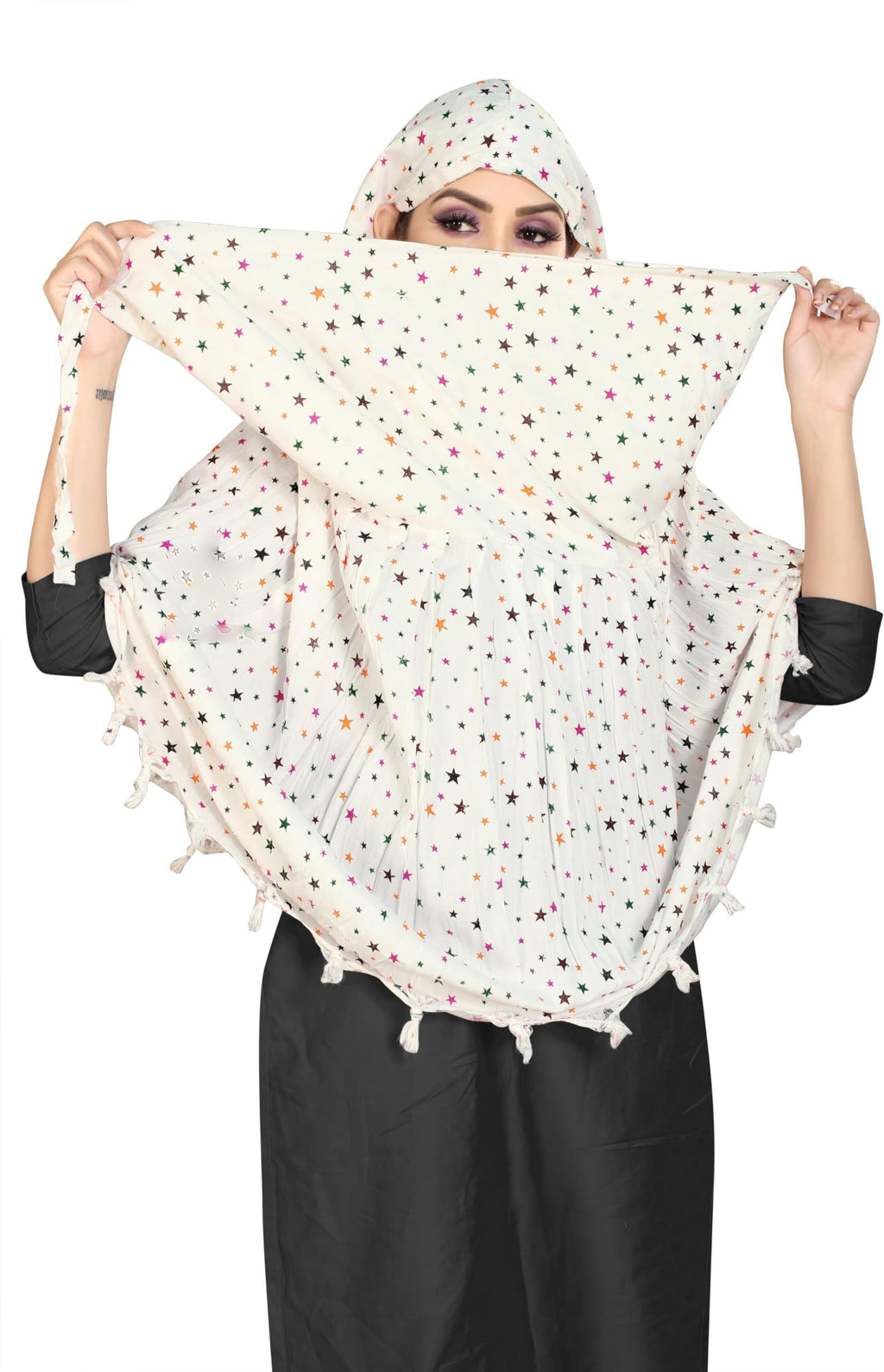 Sclout Cotton Breathable Sun Protection Scarf Cum Mask Usable for vehicle Driver | White Printed Design | Universal Size | For Girl & Women | Light Weight (Star)