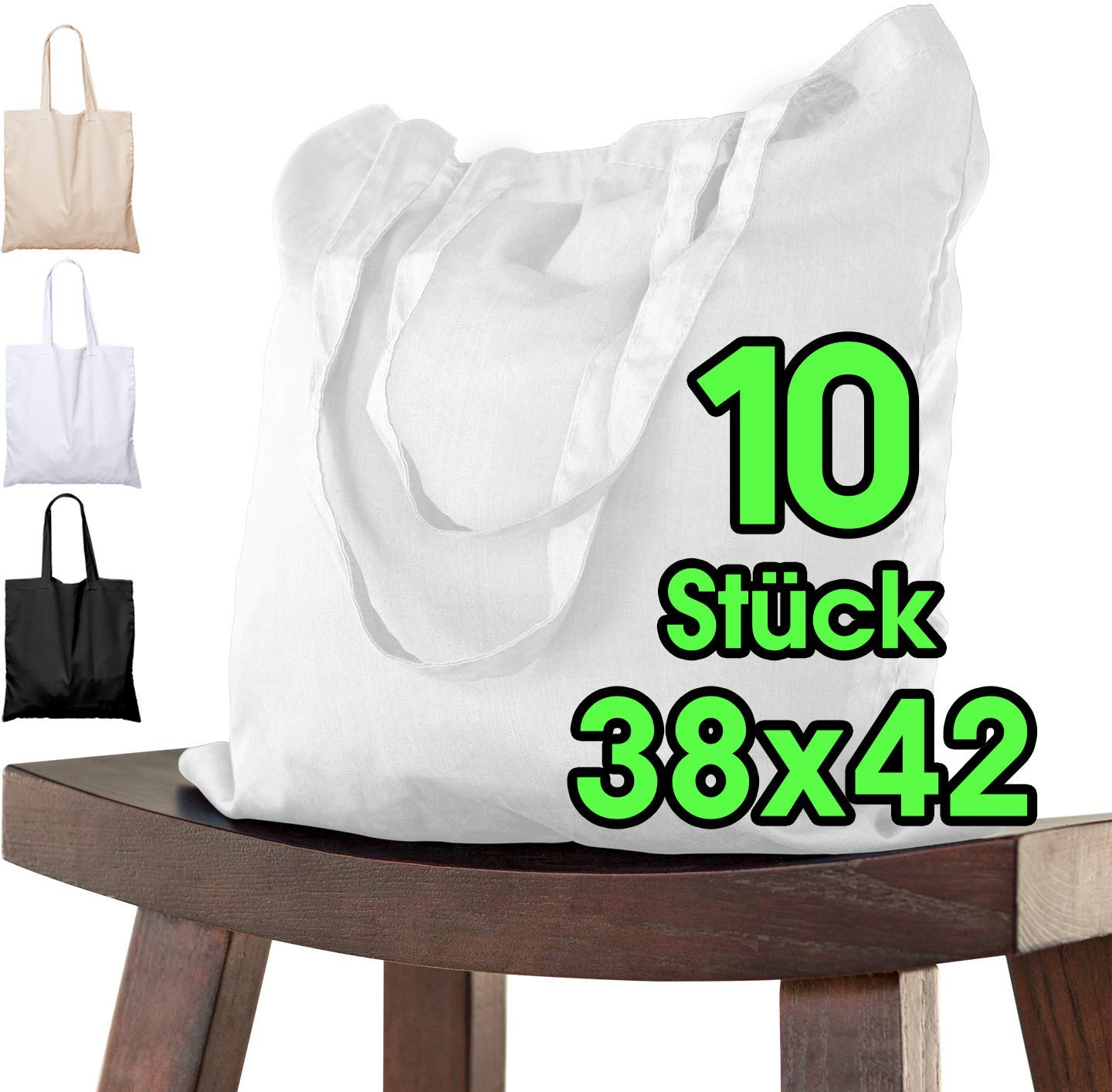 ELES VIDA Cotton Bags White Fabric Bag (10 Pieces in 38 x 42) – The Original Oeko-Tex Tested Quality Product, Long Handle, Tote Bag, Jute Bag, Cloth Bag, Shopping Bag, 100% Cotton