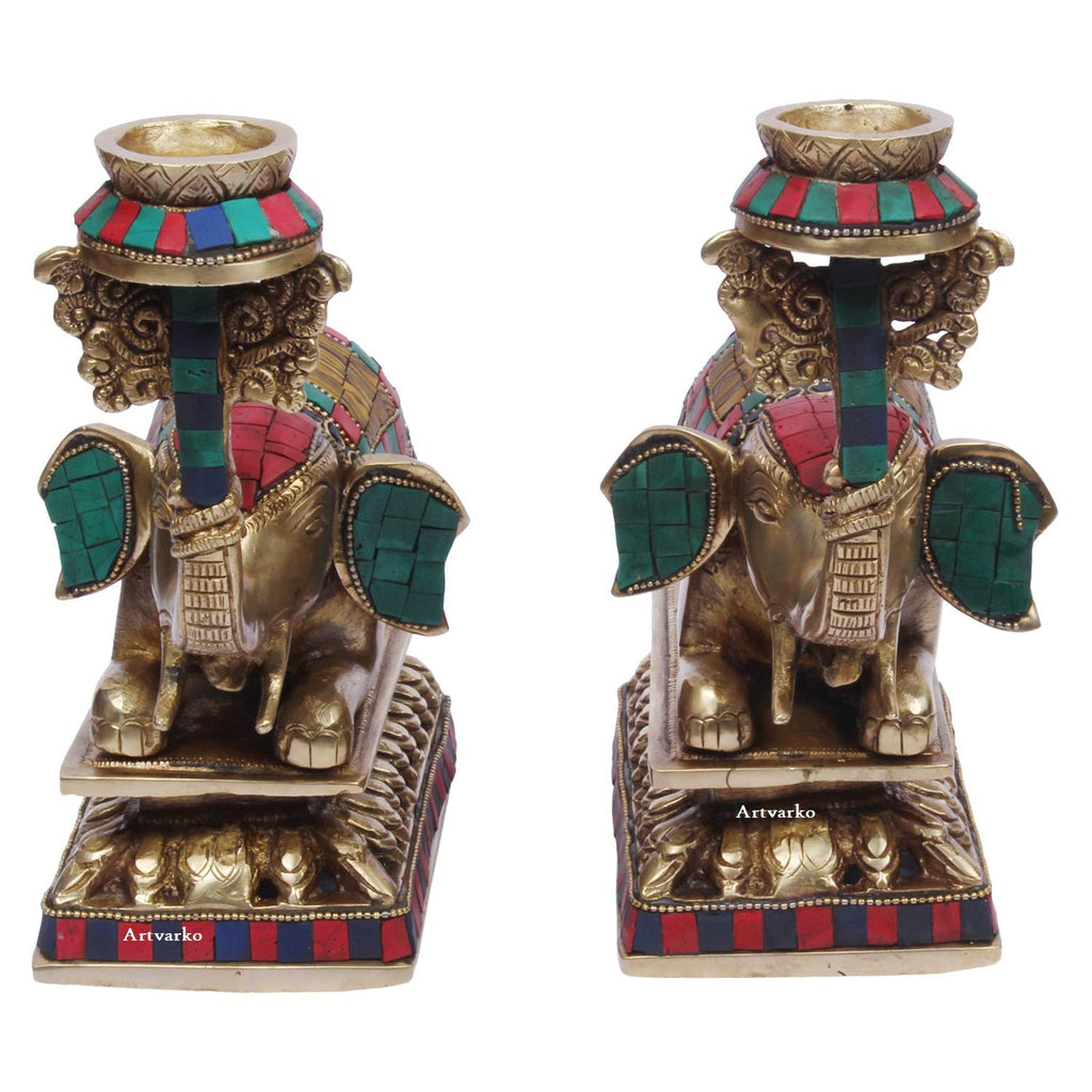 Artvarko Elephant Tealight Candle Holder Pair (2 Pcs) Brass Multicolor Gemstone Handwork Height 8 Inches