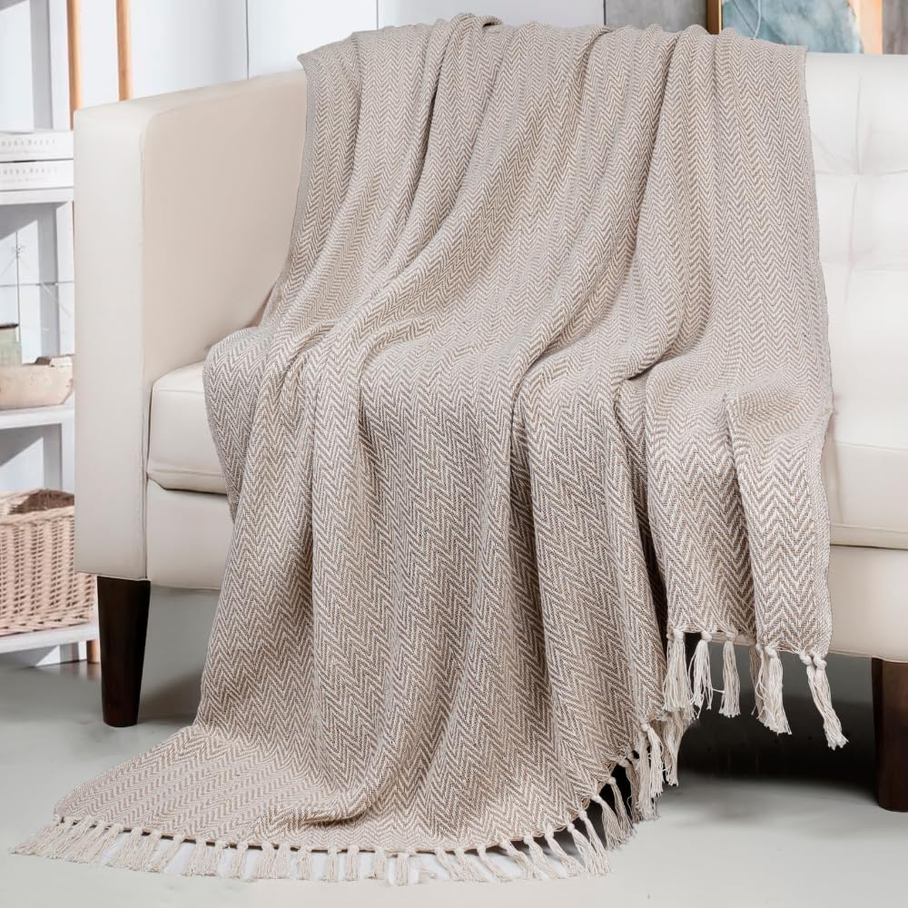 HOMADORN All Season Cotton Weaved Throw Blanket for Bed/Sofa 50x70 INCHES (Beige) Kafalo