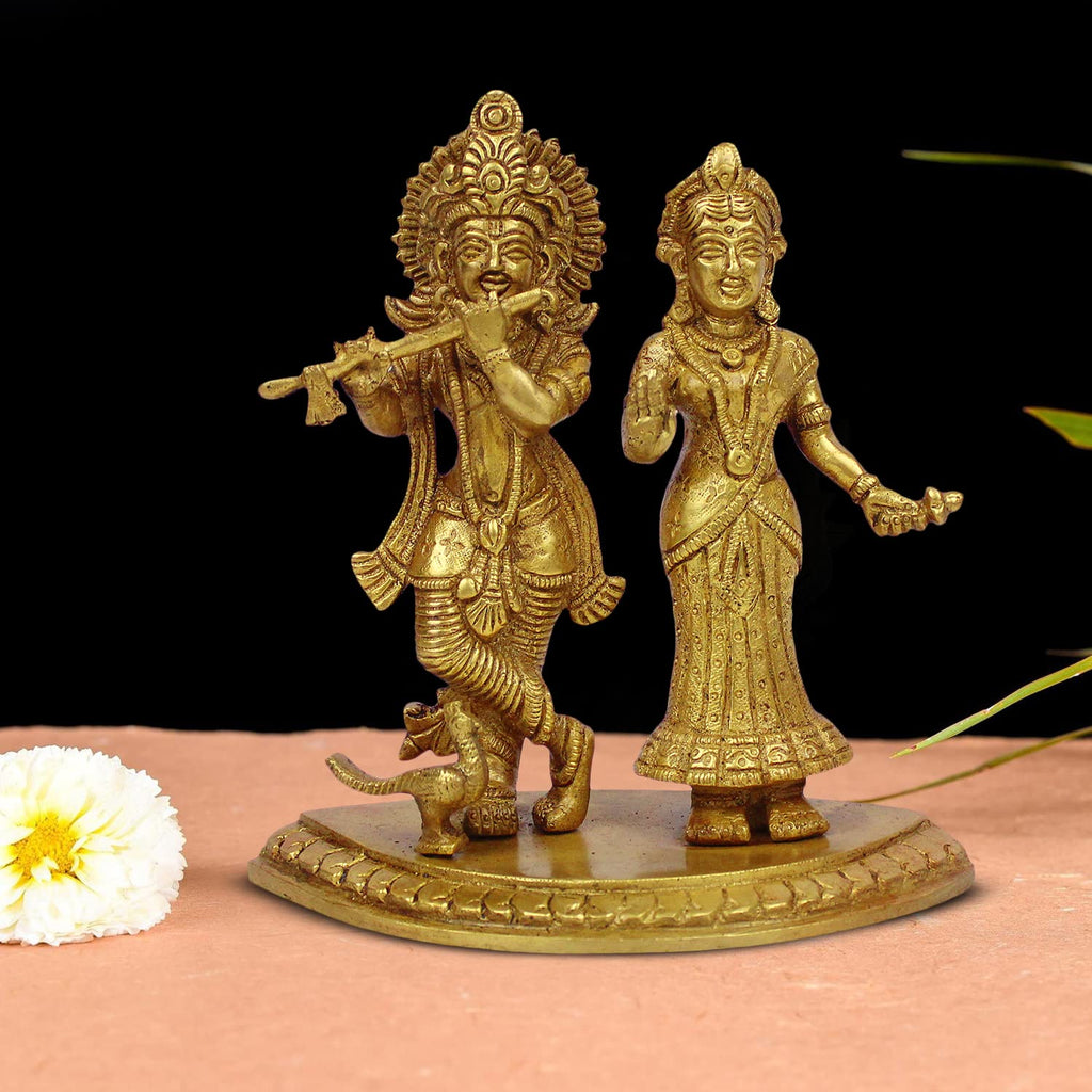 ARTVARKO Radha Krishna with Peacock Brass Statue Decorative Showpiece for Gift Murti for Pooja Temple (LxBxH 6x3x6.5 Inch 1.5 Kg)