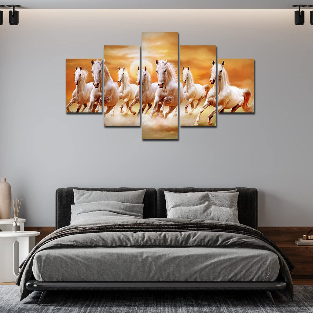 VIBECRAFTS Seven White Running Horses 5 Pieces Premium Wall Painting For Home|Office|Living Room|Gift (PTVC5Pcs1_5507)