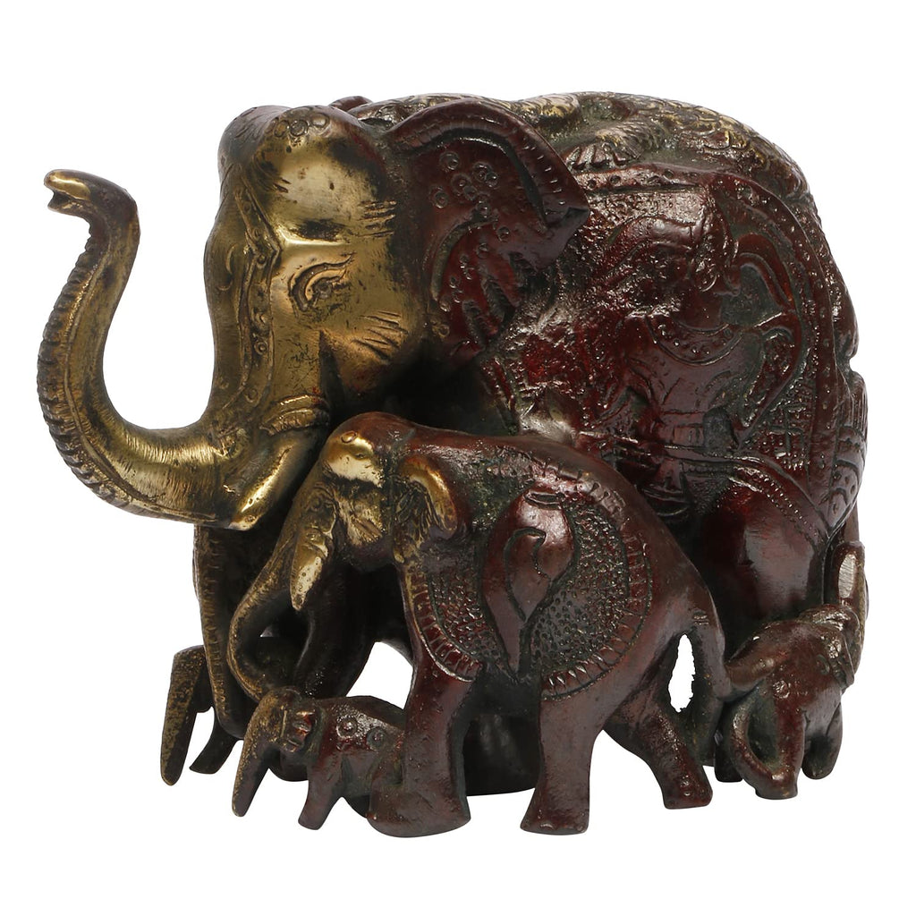 ARTVARKO Brass Elephant Family Baby Haathi Statue Idol Kalash Shankh Carving Vaastu Hathi for Good Luck Success Prosperity Home Décor Marriage Gift (Cherry Gold 5 Inch)