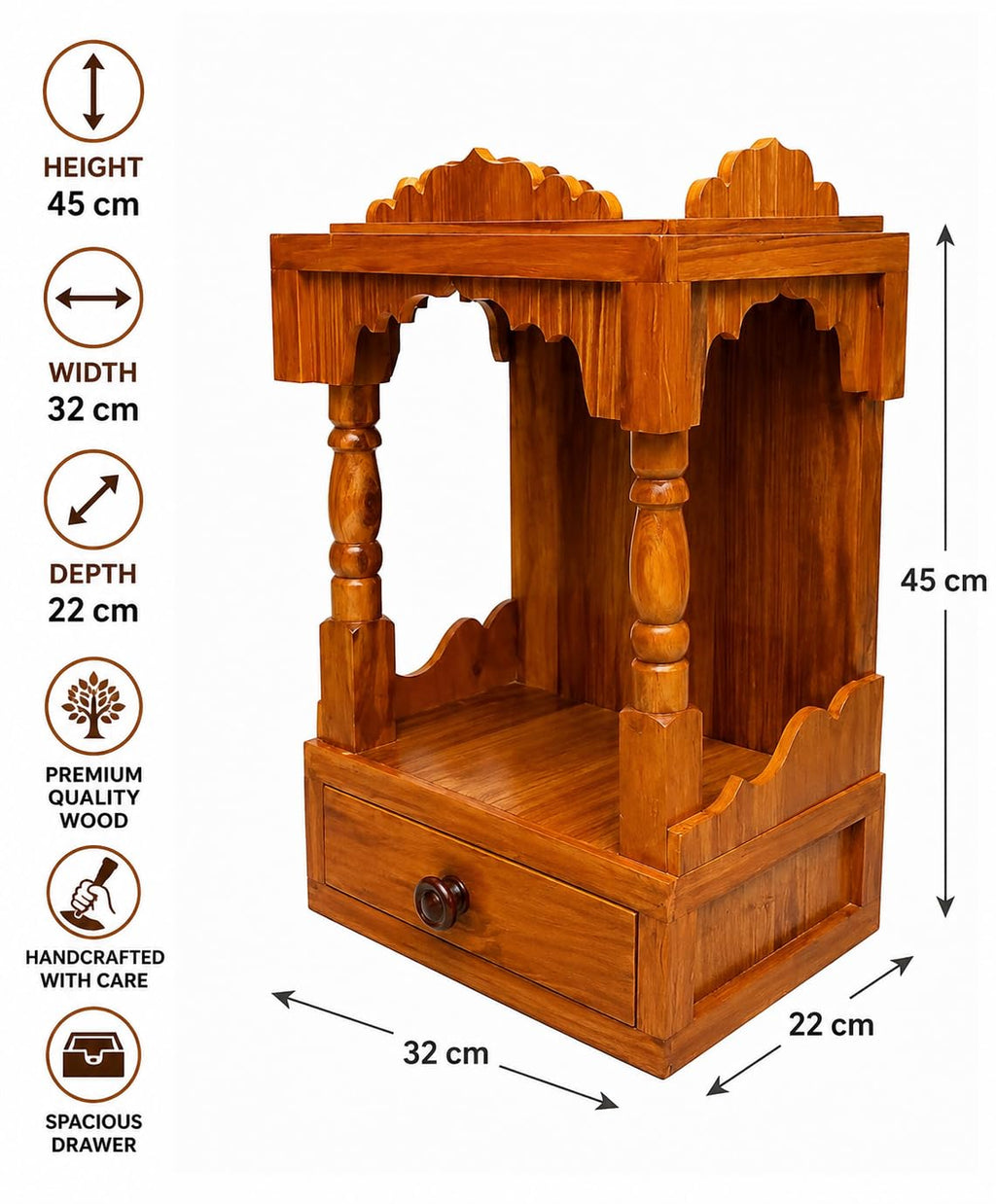 INFINITYS Wooden Home Temple for Pooja, 22 × 32 × 45 cm