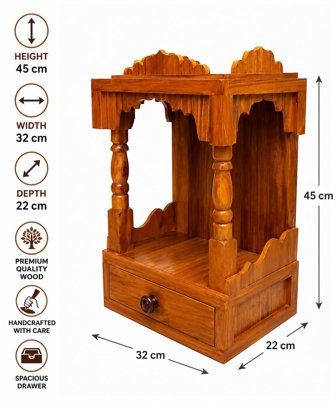 INFINITYS Wooden Home Temple for Pooja, 22 × 32 × 45 cm