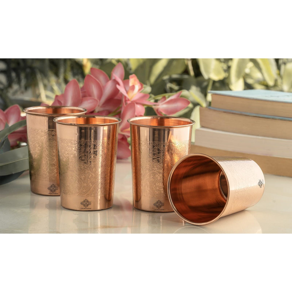 INDIAN ART VILLA Pure Copper Embossed Design Glass - 275 ML, Copper Tumbler for Water Drinking, Elegant Drinkware & Serveware, Perfect for Gifting, Home, and Festive Décor, Set of 4