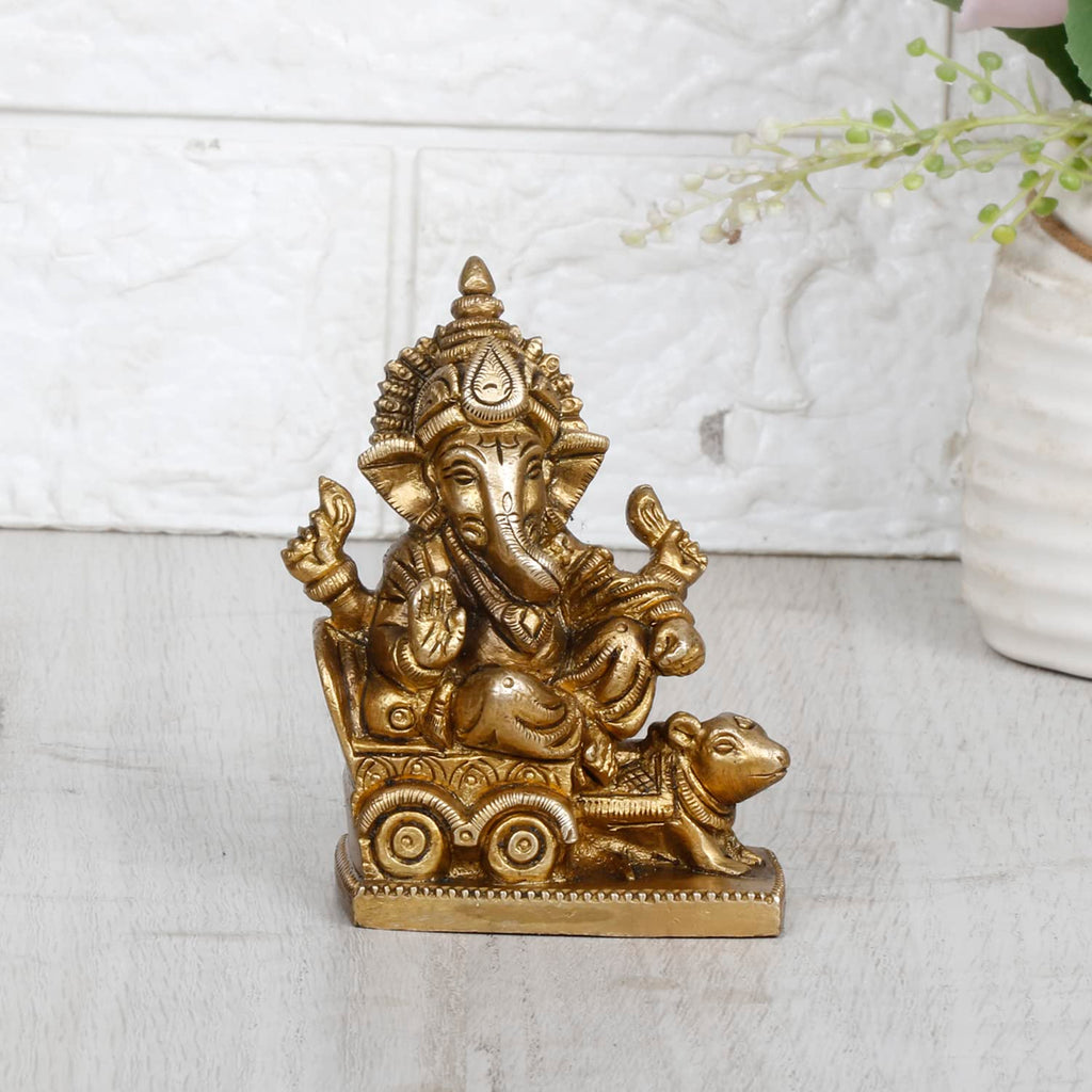 SVARUP Brass Ganesh Bhagwan Idol Rat Rath Ganesha Statue Ganpati Murti Height 3.75 Inch