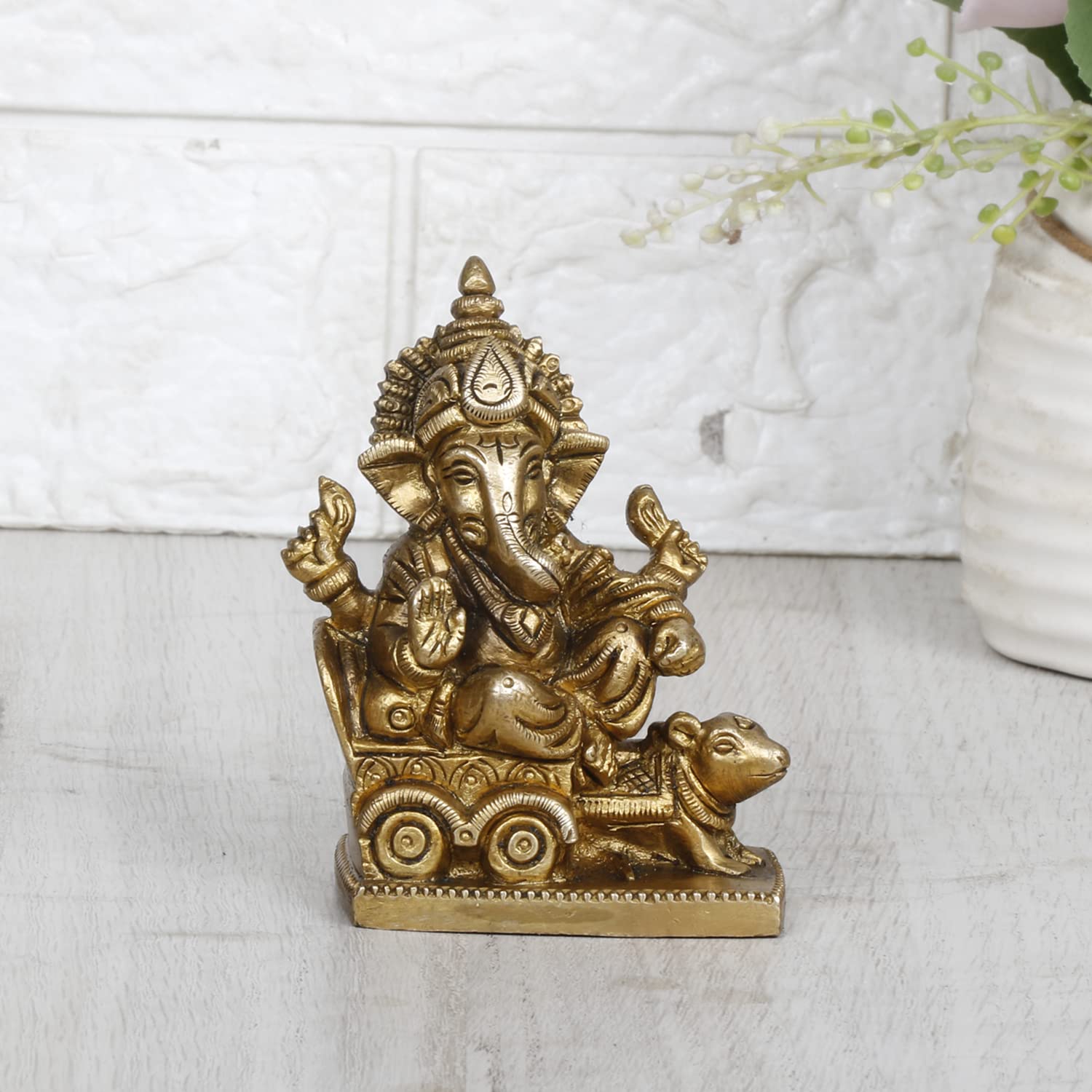 SVARUP Brass Ganesh Bhagwan Idol Rat Rath Ganesha Statue Ganpati Murti Height 3.75 Inch