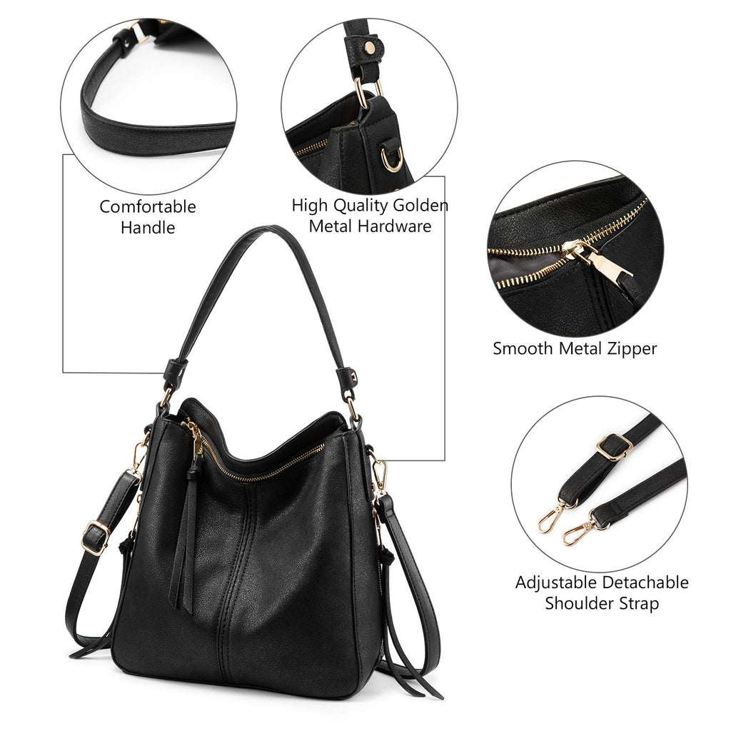 Zibuyu® Tote Handbag for Women Fashion Faux Leather Tote Bag Classic Shoulder Crossbody Bags for Lady Girl Solid Color (Black)