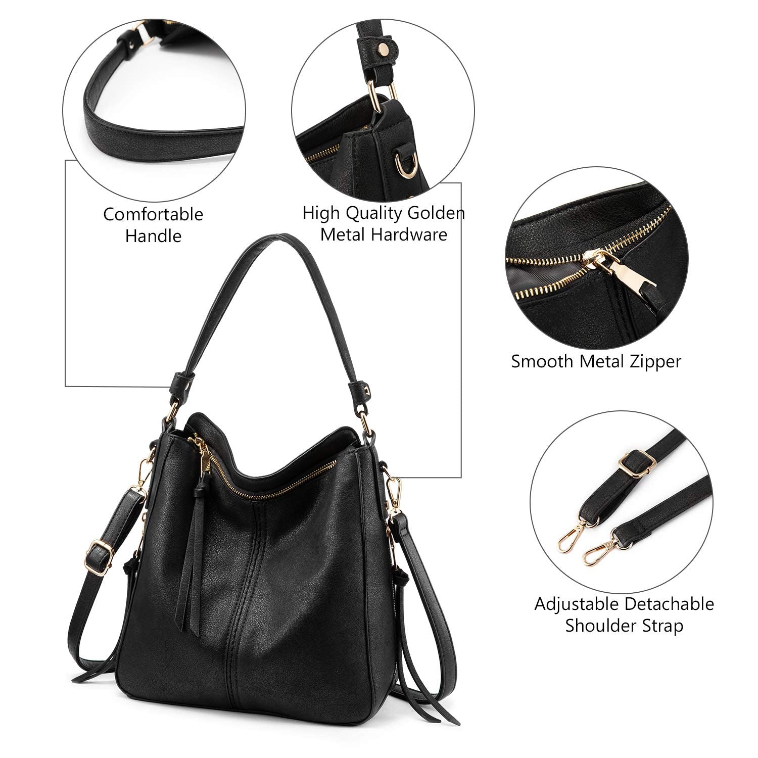 Zibuyu® Tote Handbag for Women Fashion Faux Leather Tote Bag Classic Shoulder Crossbody Bags for Lady Girl Solid Color (Black)