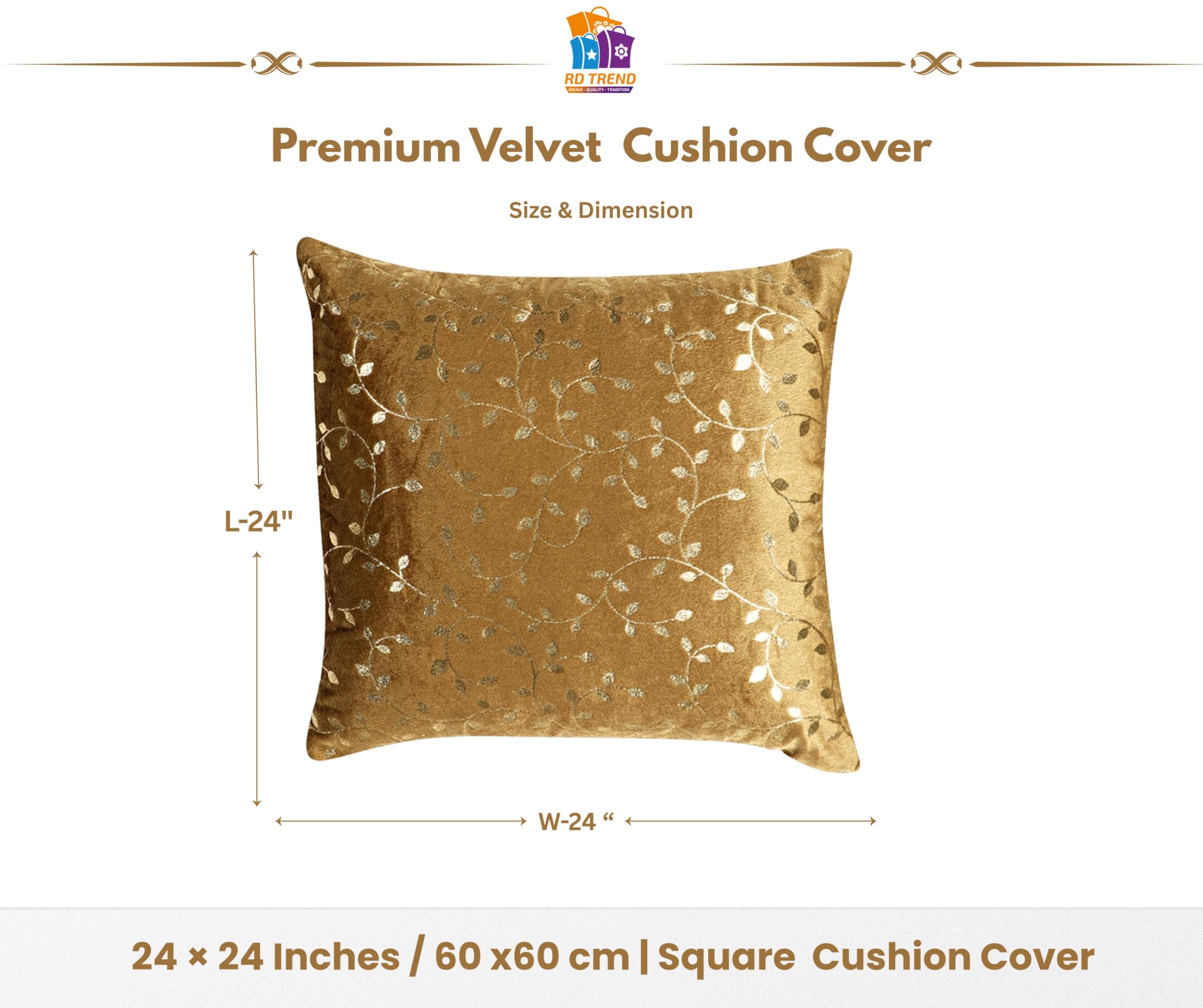 RD TREND® Premium Velvet Cushion Covers Set of 5 | Soft Decorative Throw Pillow Covers for Sofa, Bed & Living Room | Cushion Cover 24 inch x 24 inch (60x60 cm) Golden Brown