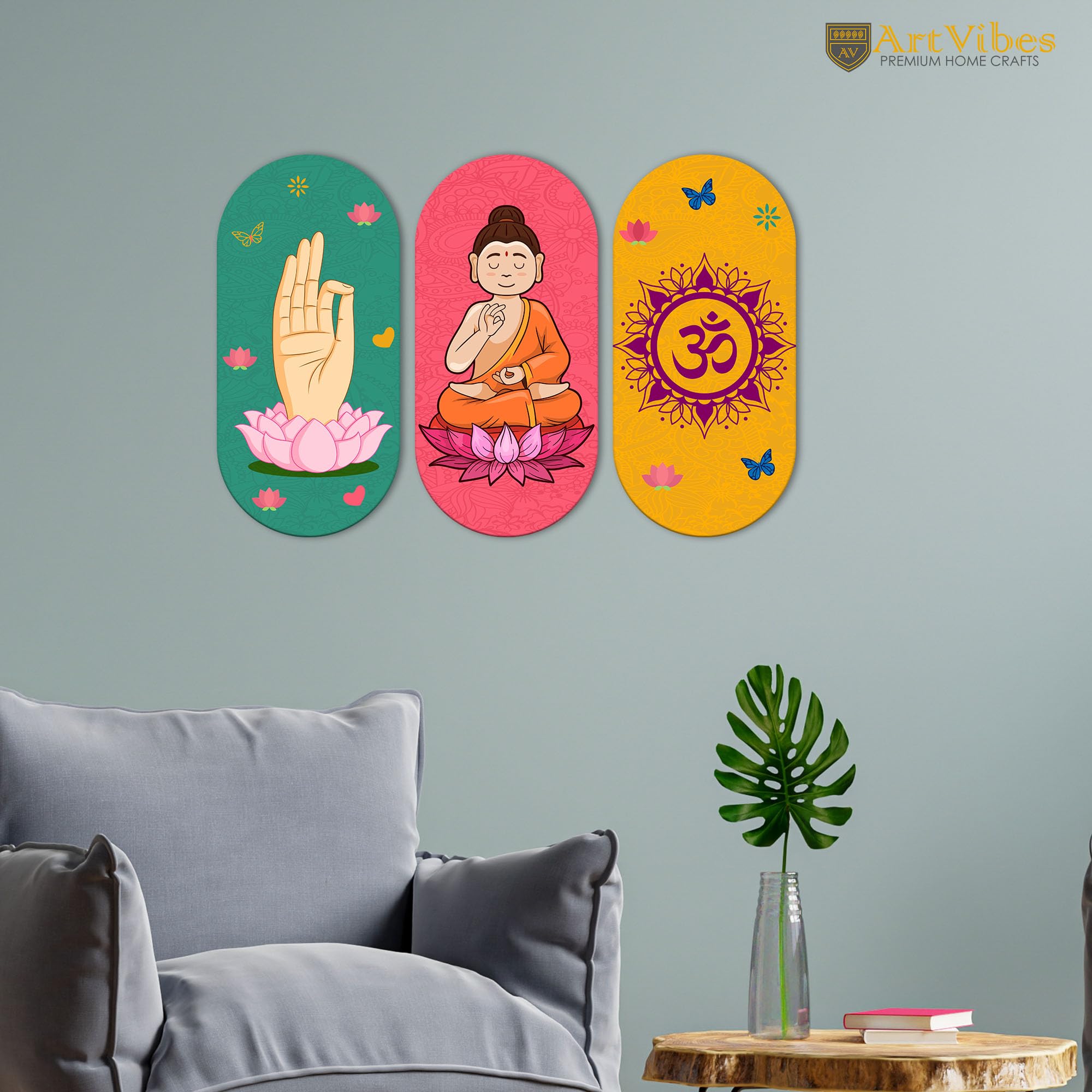 Artvibes Auspicious and Holy Symbols Wooden Wall Hanger for Good Luck | Prosperity Home | Office | Spiritual Decor Items | Wall Poster| Stylish Modern Decor Item | Gift Items (WH_9025N), Set of 3
