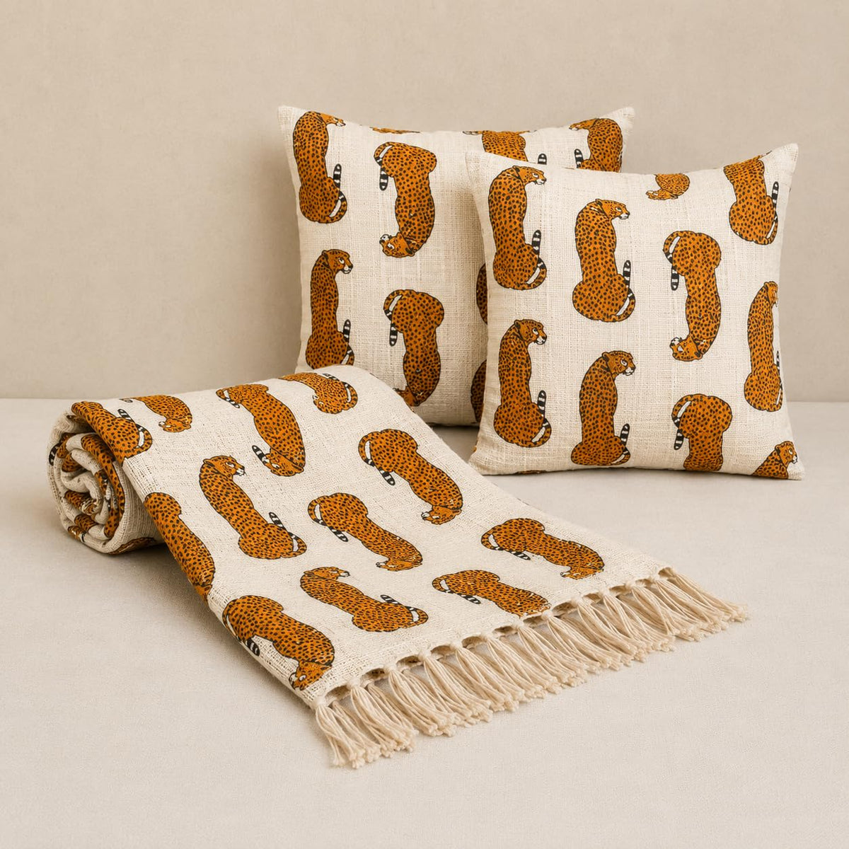 DMAASA Safari Leopard Heritage Printed Cotton Sofa Throw Blanket (50x70 Inches) with 2 Pcs Cushion Cover (16x16 Inch) Soft Lightweight for Couch, Living Room & Bed (Pack of 3) Kafalo