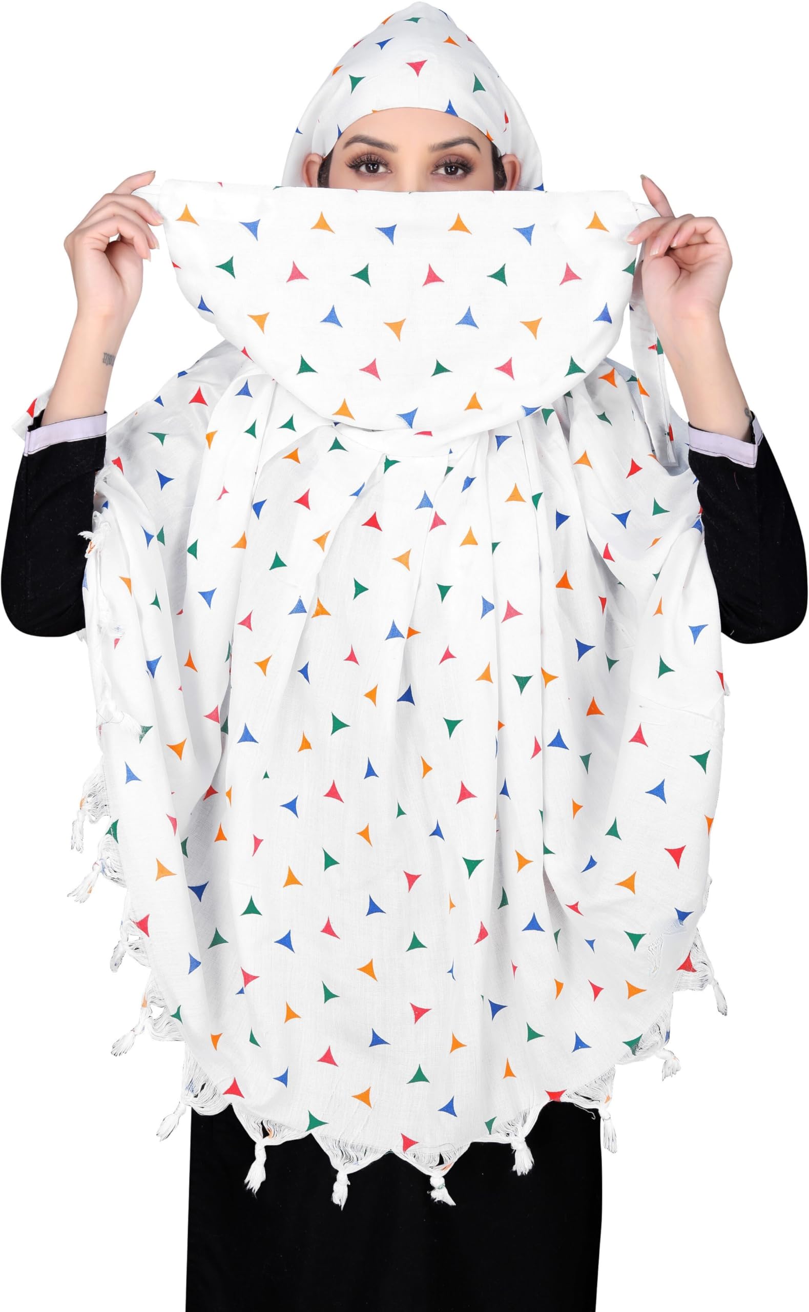 Sclout Soft Cotton Breathable Sun Protection Scarf Dupatta Usable for vehicle Driver | White Printed Design Stoles | Universal Size | For Girl & Women | Light Weight (Scarf - Triangle)