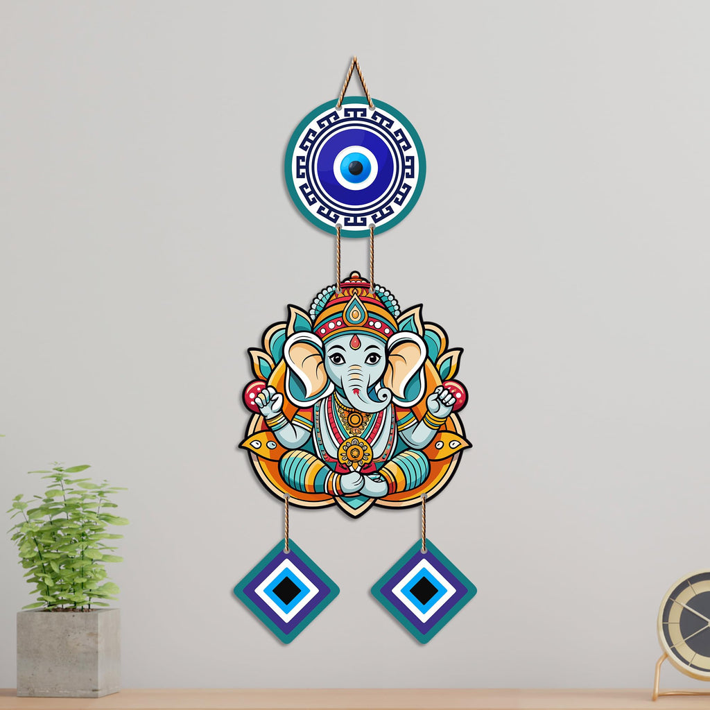 Artvibes Shri Ganesh Evil Eye Protection Wall Hanging for Home Entrance | Nazar Battu MDF Wall Decor | Positive Energy Vastu Art for Living Room | Hallway | Office & Balcony | Gift Item (WH_8555N)
