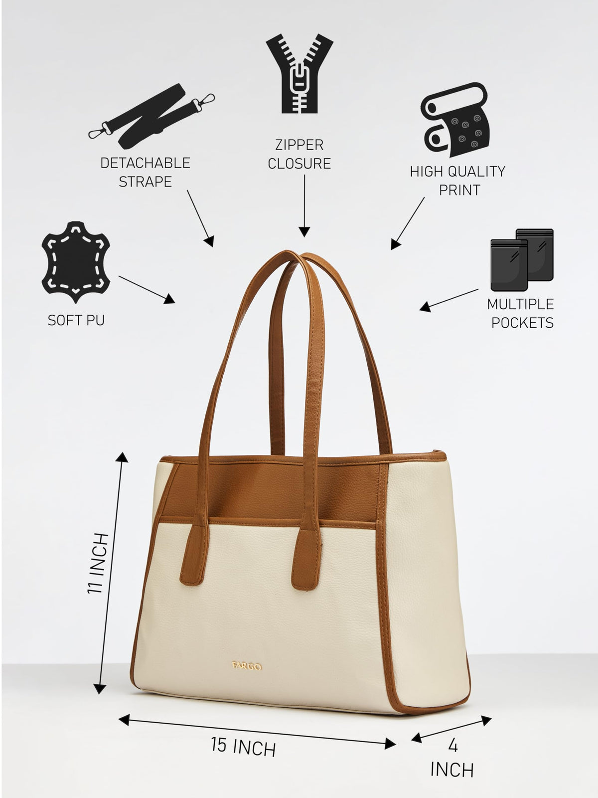 Fargo Urbane Ivory Tote Bag for Women | Large Vegan Leather Handbag with 16-Inch Laptop Compartment, RFID Pockets, Zip Closure | Stylish Office, Travel Tote | Made in India (Ivory)