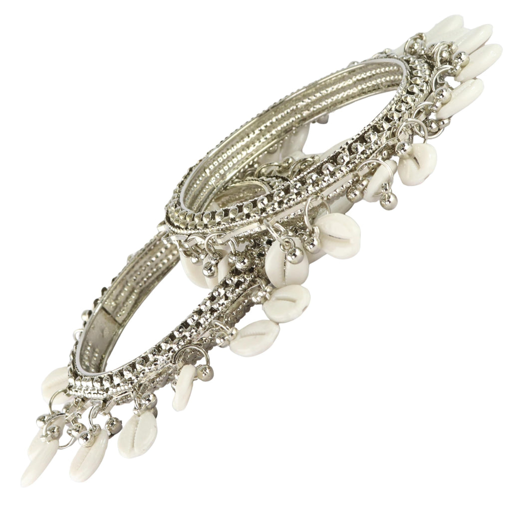 STYOLLO Designer Silver White Bangles for Women | Tribal Oxidised Pattern | Wedding Jewelry | Handmade Kashmiri Jewelry Kada for Girls - Set Of 2 (SYL_MJ8-KaudiBellKada-SilverWhite-2.2)