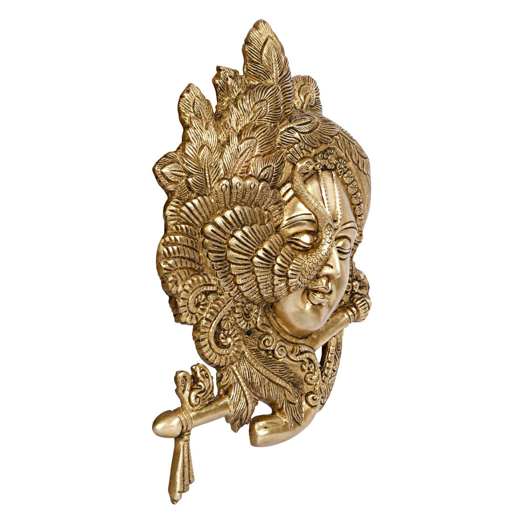 ARTVARKO Brass Lord Krishna Playing Flute Wall Hanging Peacock Idol Murti Sculpture Home Decor for Living Room Pooja Gift Item Height 33 cm